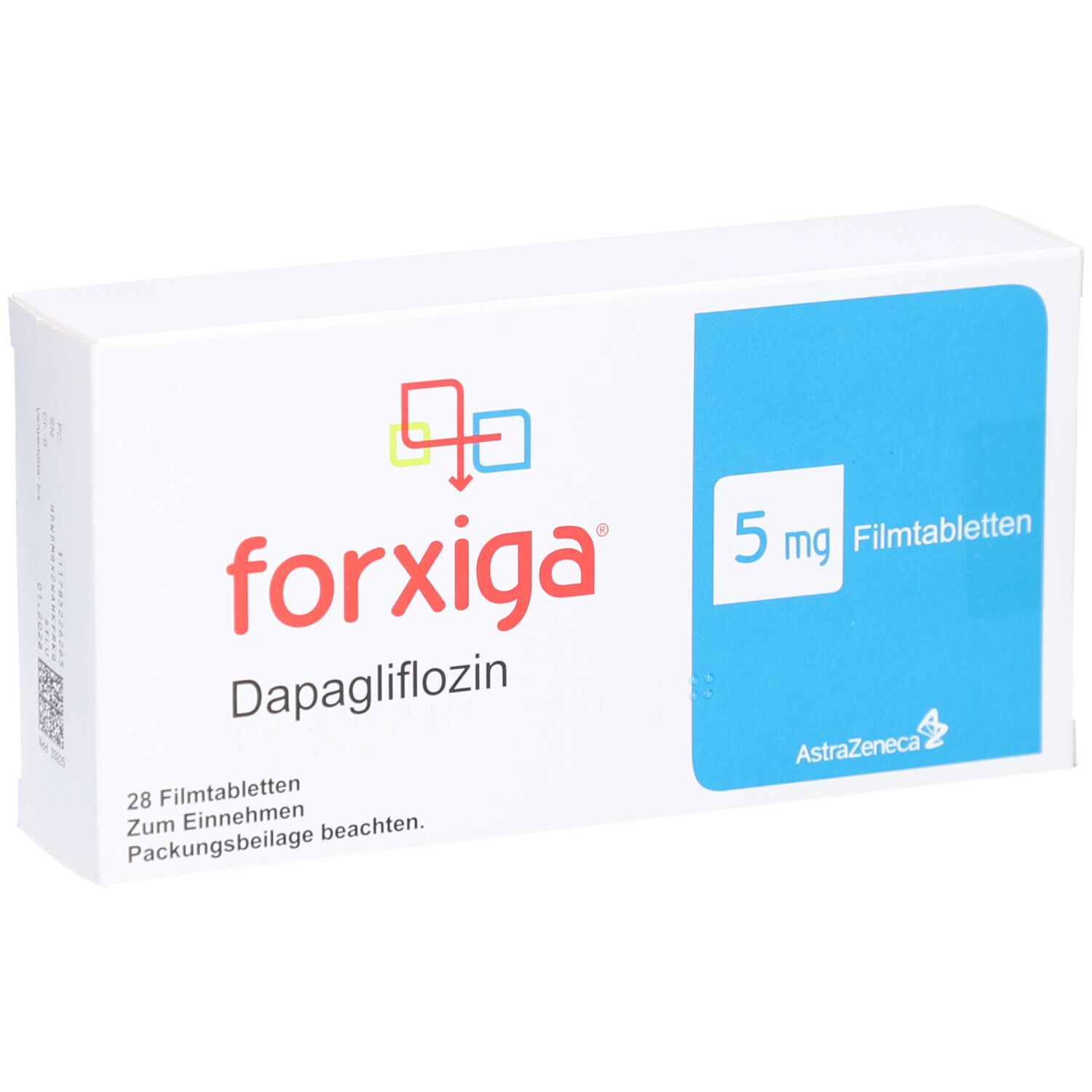 Schachtel FORXIGA 5 mg Filmtabletten. Aufschrift: forxiga, Dapagliflozin, 5 mg Filmtabletten, AstraZeneca. 28 Filmtabletten.