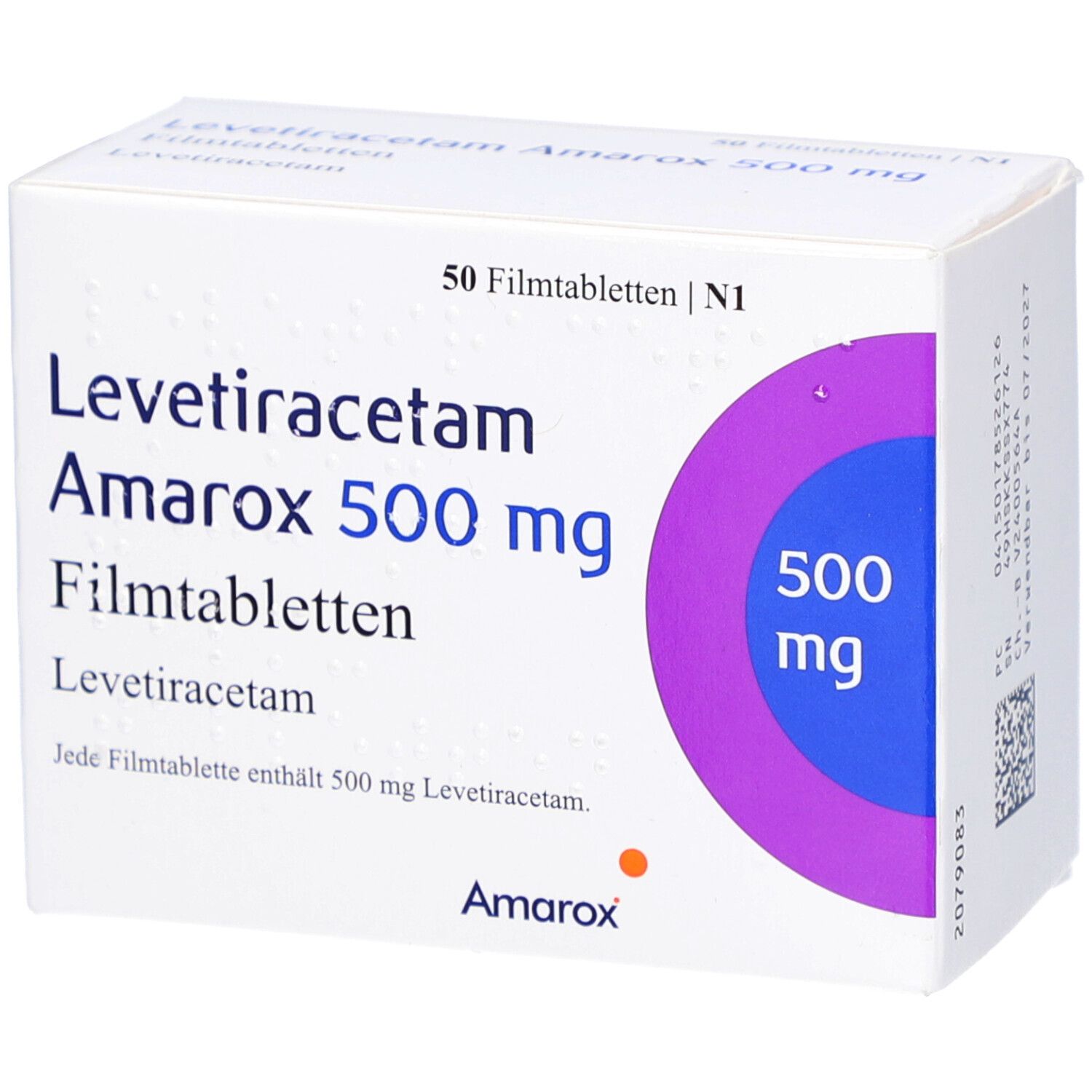 Schachtel mit "Levetiracetam Amarox 500 mg Filmtabletten". Lila Kreis mit "500 mg".