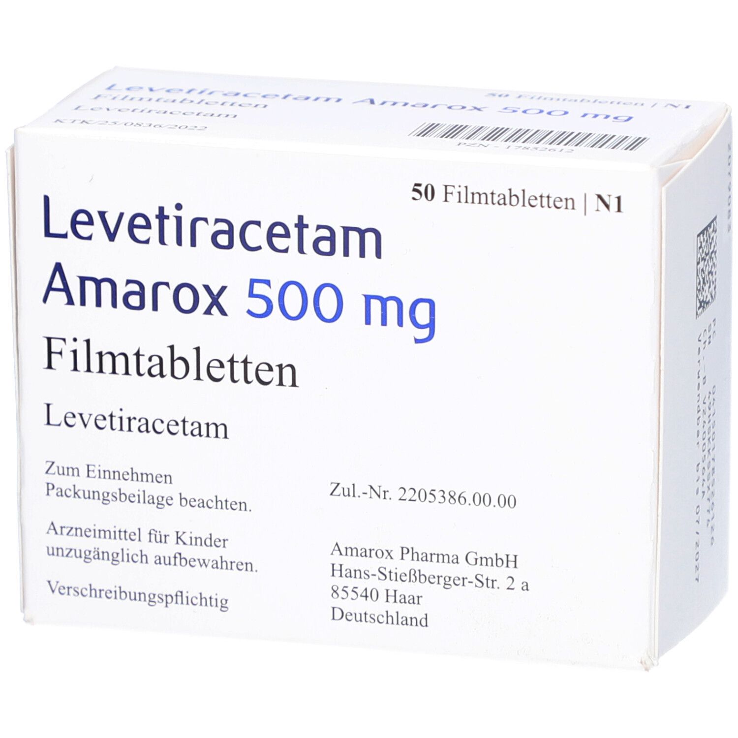 Schachtel "Levetiracetam Amarox 500 mg Filmtabletten". Text, Logo, und Angaben zur Herstellung.