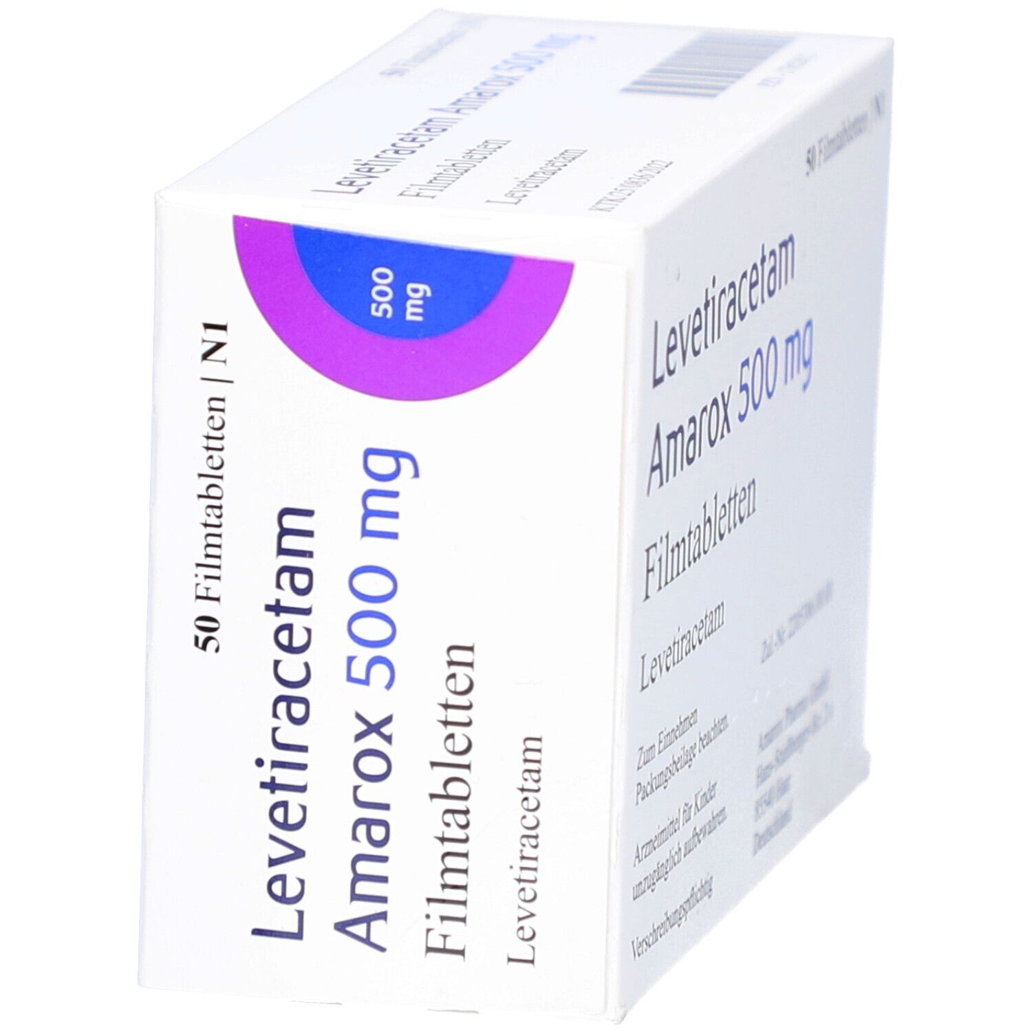 Schachtel "Levetiracetam Amarox 500 mg Filmtabletten". Lila Kreis mit "500 mg". Schachtel schräg.
