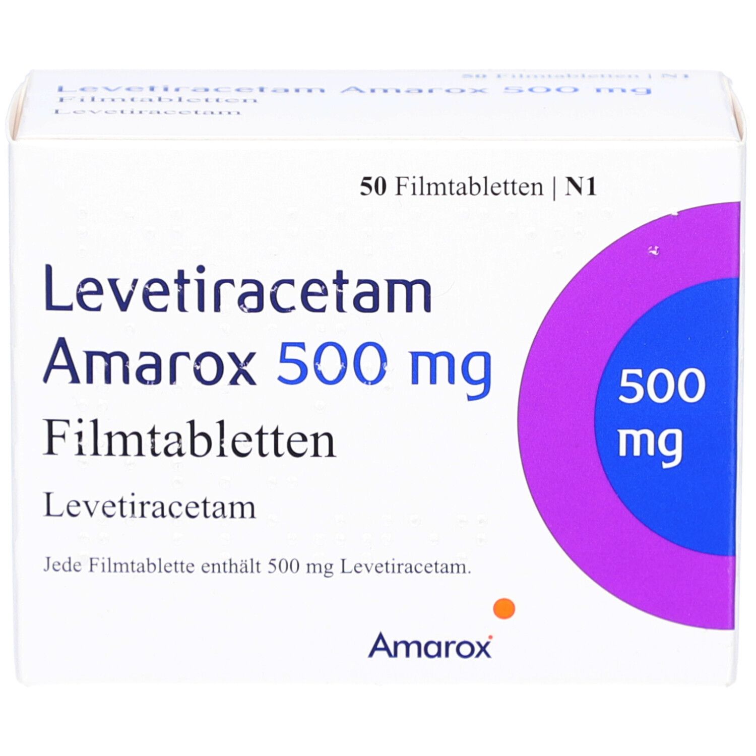 Schachtel "Levetiracetam Amarox 500 mg Filmtabletten". Lila Kreis mit "500 mg".
