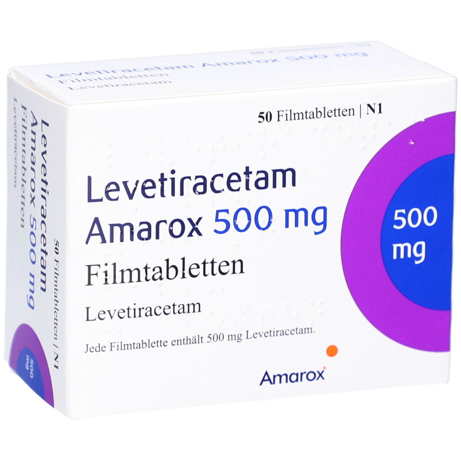 Schachtel "Levetiracetam Amarox 500 mg Filmtabletten". Lila Kreis mit "500 mg".
