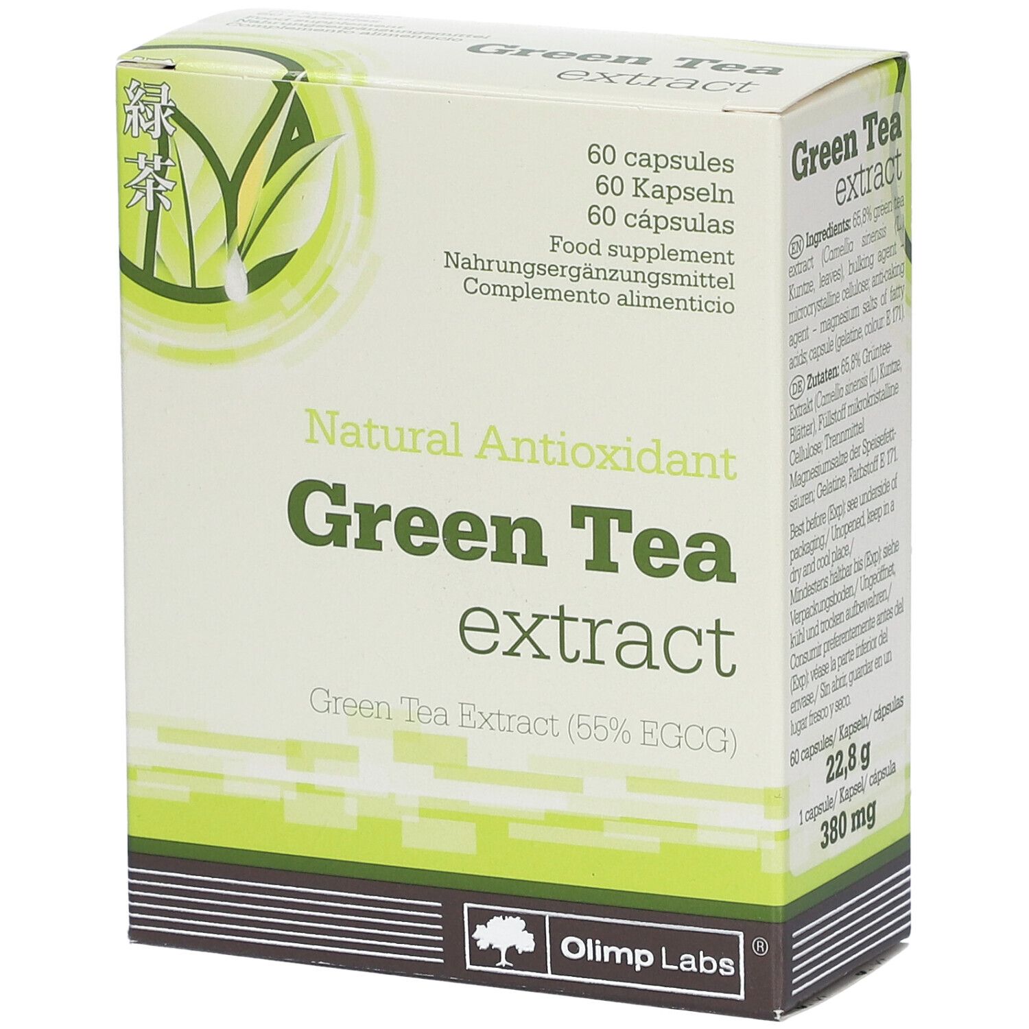 Karton mit Green Tea extract. 60 Kapseln. Schriftzug: Natural Antioxidant. Marke: Olimp Labs.