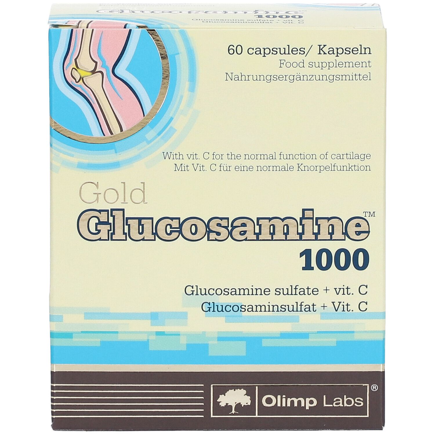 Vorderansicht der "Gold Glucosamine 1000" Verpackung. Enthält 60 Kapseln. Marke: Olimp Labs. Illustration eines Knies.