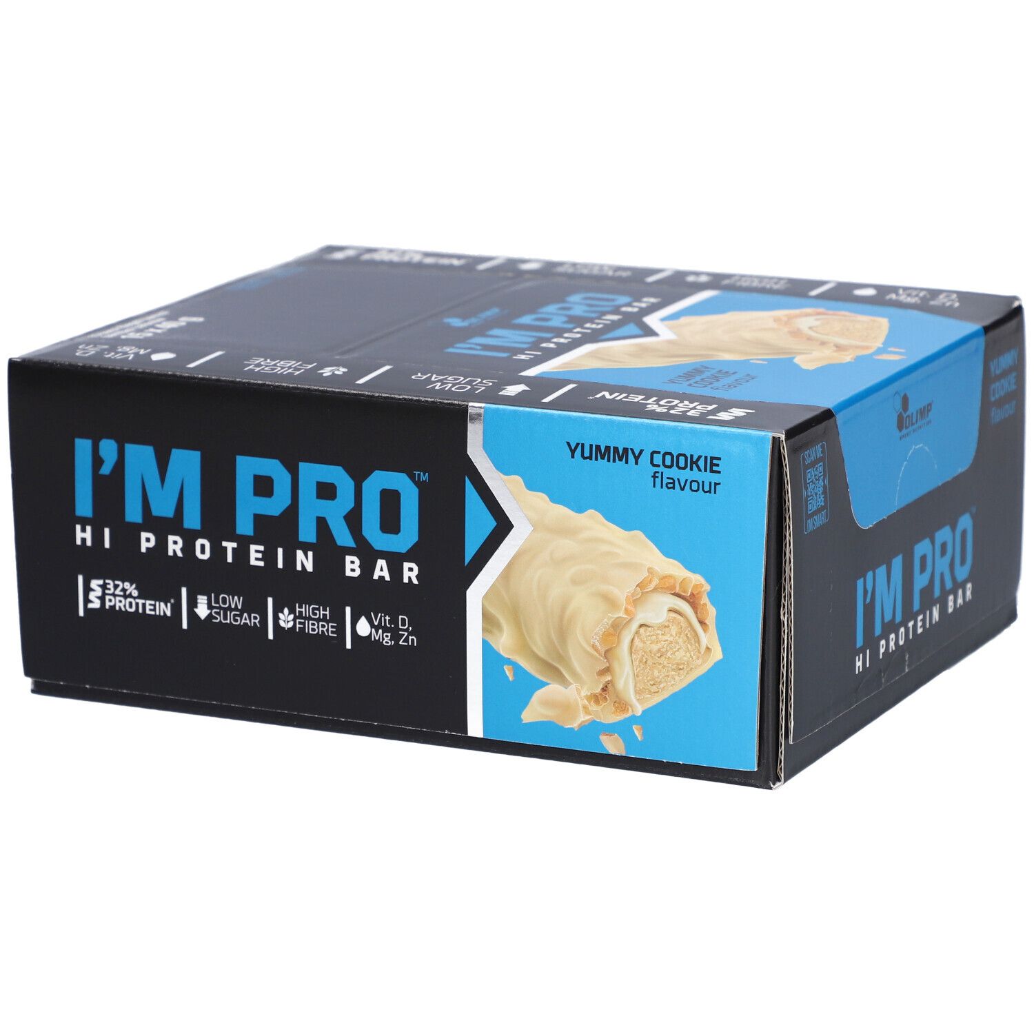 Schachtel mit Proteinriegeln. Aufschrift: I'M PRO HI PROTEIN BAR, Yummy Cookie. 32% Protein, Low Sugar, High Fibre.