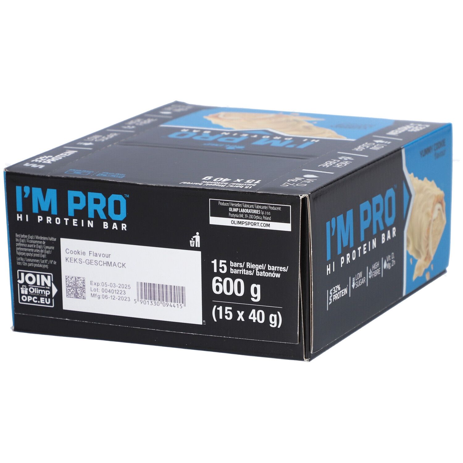 Schachtel mit Proteinriegeln. Aufschrift: I'M PRO HI PROTEIN BAR, Cookie Flavor. 15 Riegel, 600g (15 x 40g).