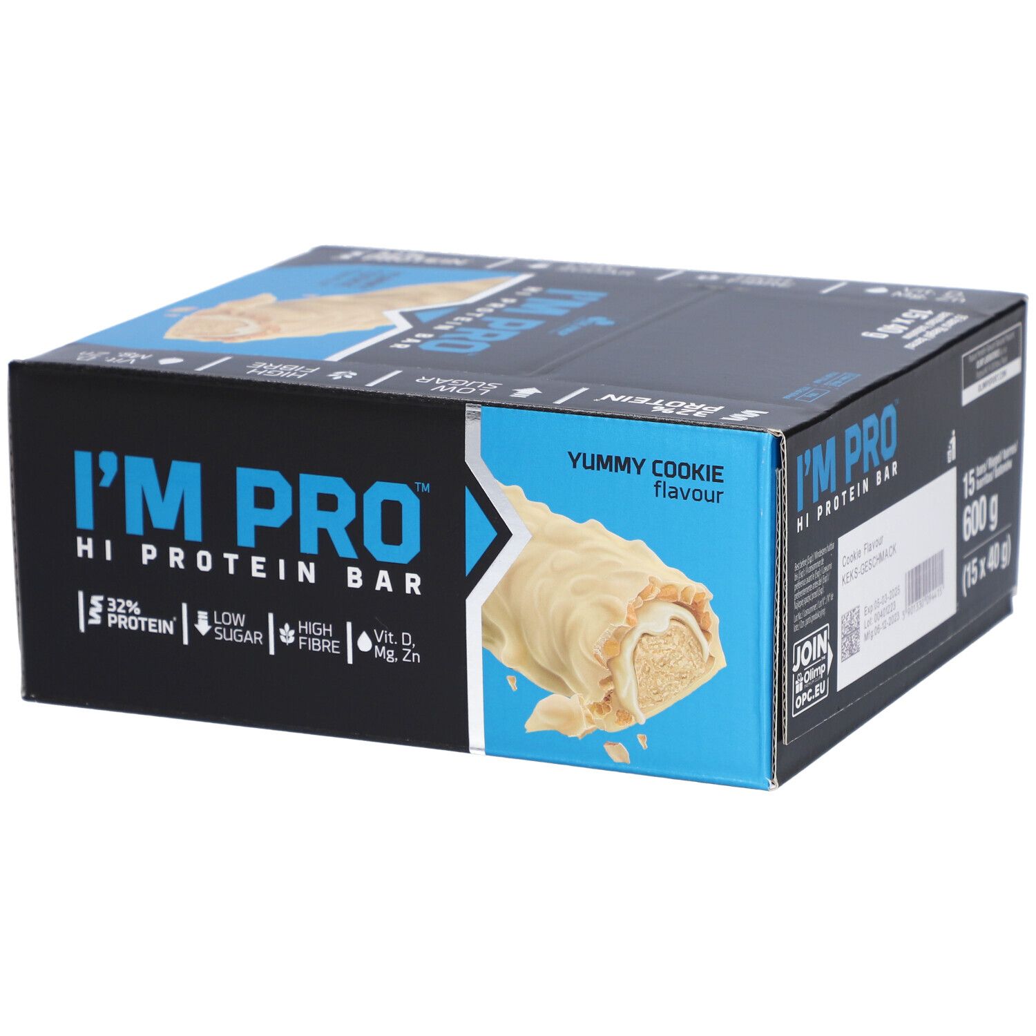 Schachtel mit Proteinriegeln. Aufschrift: I'M PRO HI PROTEIN BAR, Yummy Cookie. 32% Protein, Low Sugar, High Fibre.
