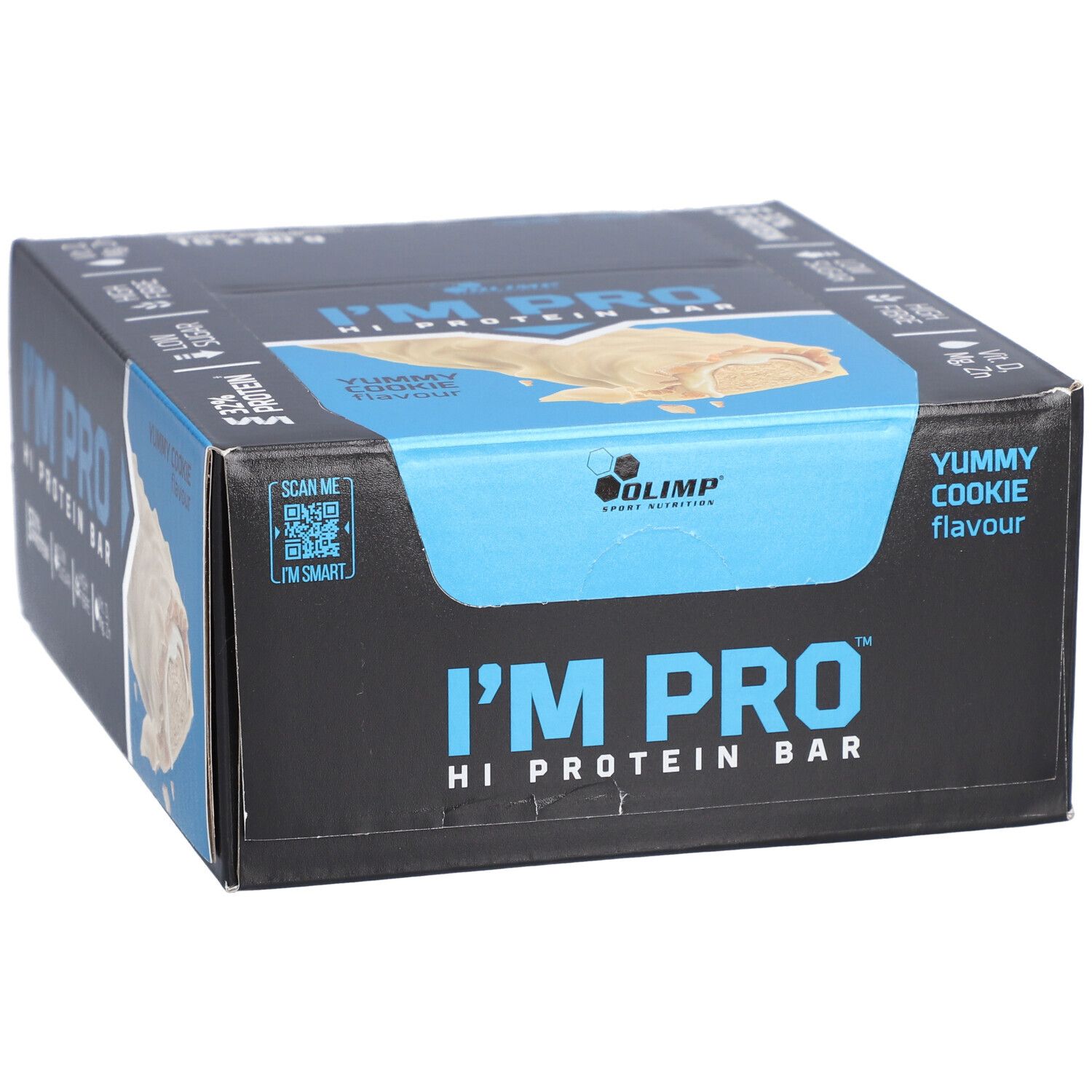 Schachtel mit Proteinriegeln. Aufschrift: I'M PRO HI PROTEIN BAR, Yummy Cookie. Marke: Olimp.