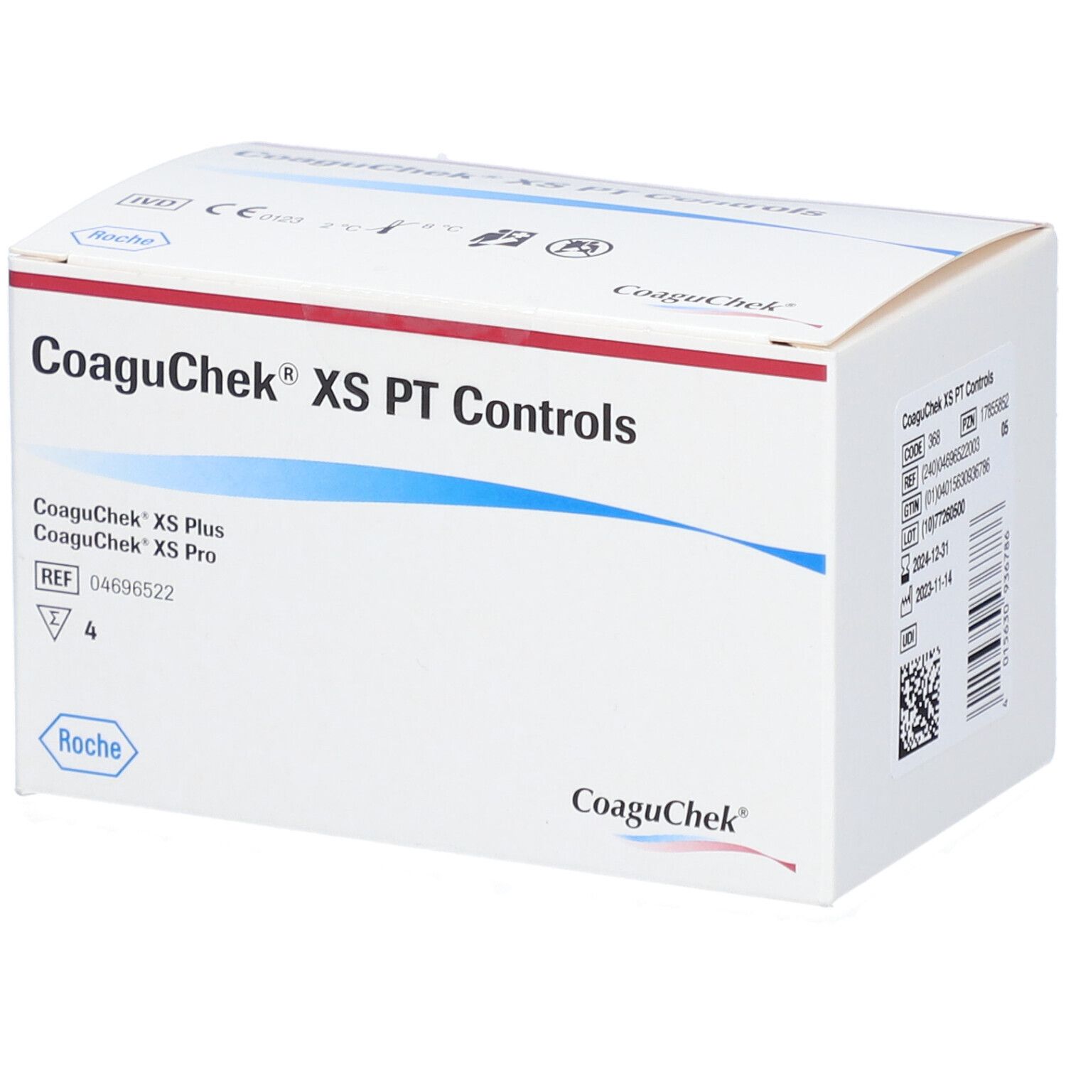 Weißer Karton mit roter und blauer Schrift. Aufschrift: CoaguChek XS PT Controls. Marke: Roche. Enthält CoaguChek XS Plus und Pro.