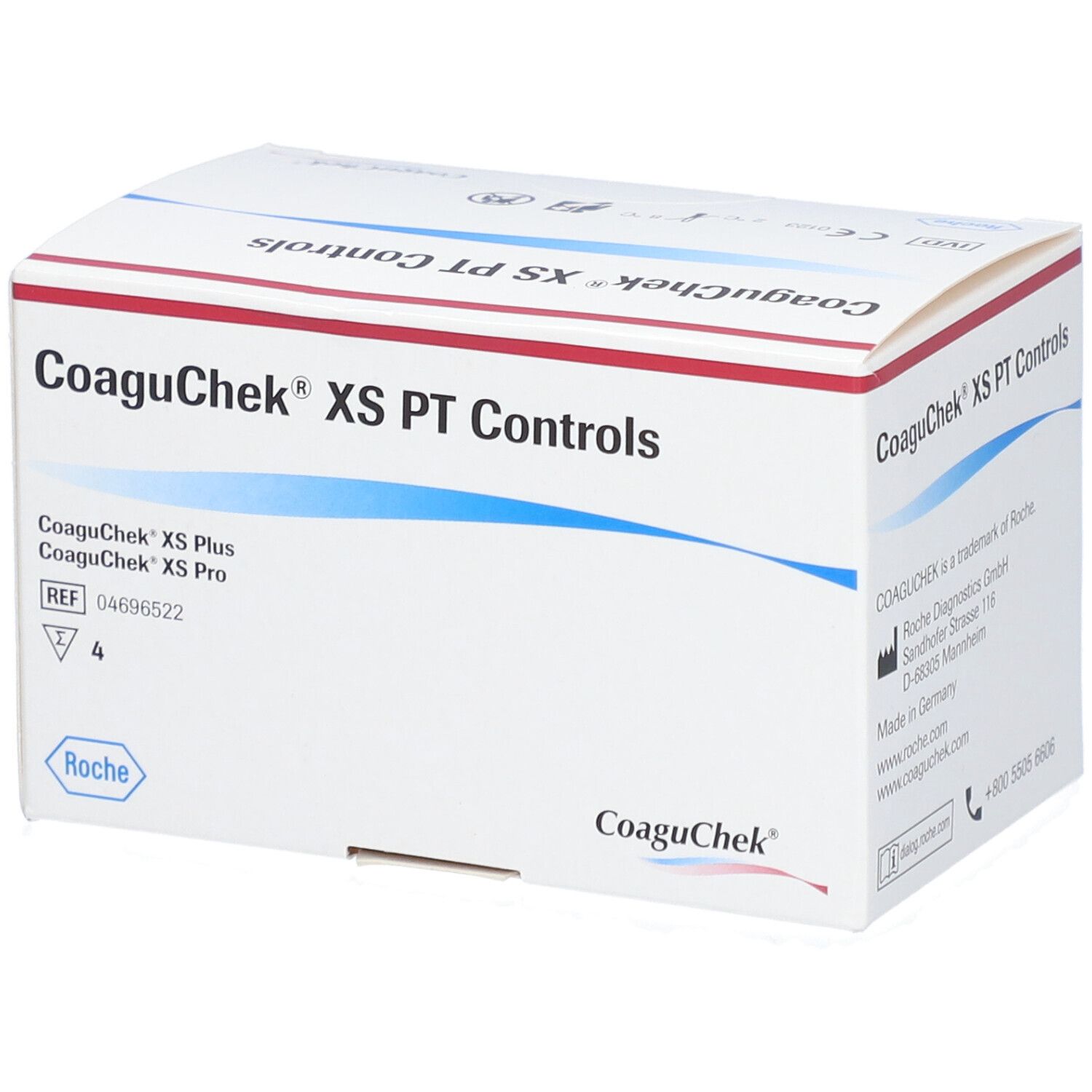 Weißer Karton mit roter und blauer Schrift. Aufschrift: CoaguChek XS PT Controls. Marke: Roche. Enthält CoaguChek XS Plus und Pro.