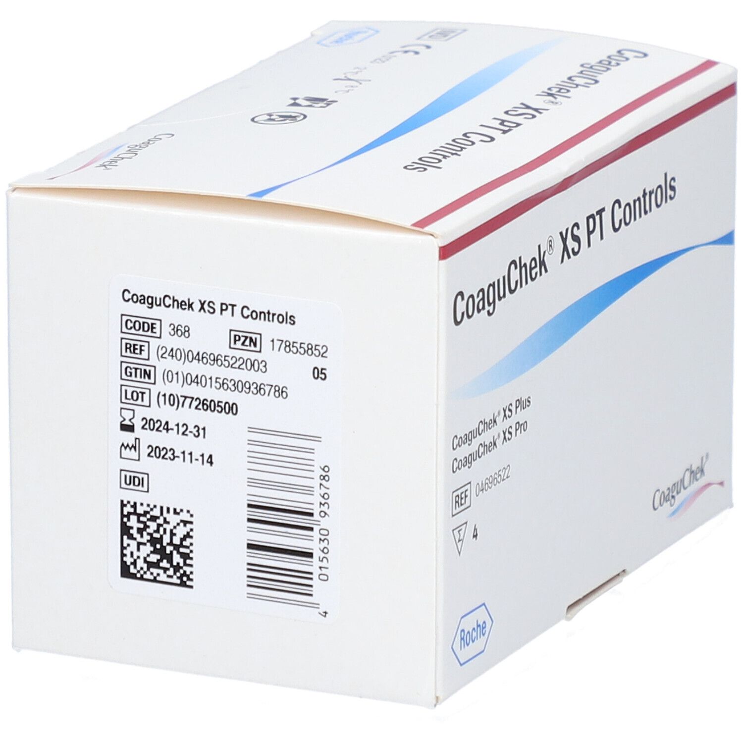 Weißer Karton mit roter und blauer Schrift. Aufschrift: CoaguChek XS PT Controls. Marke: Roche. Enthält CoaguChek XS Plus und Pro. QR-Code.