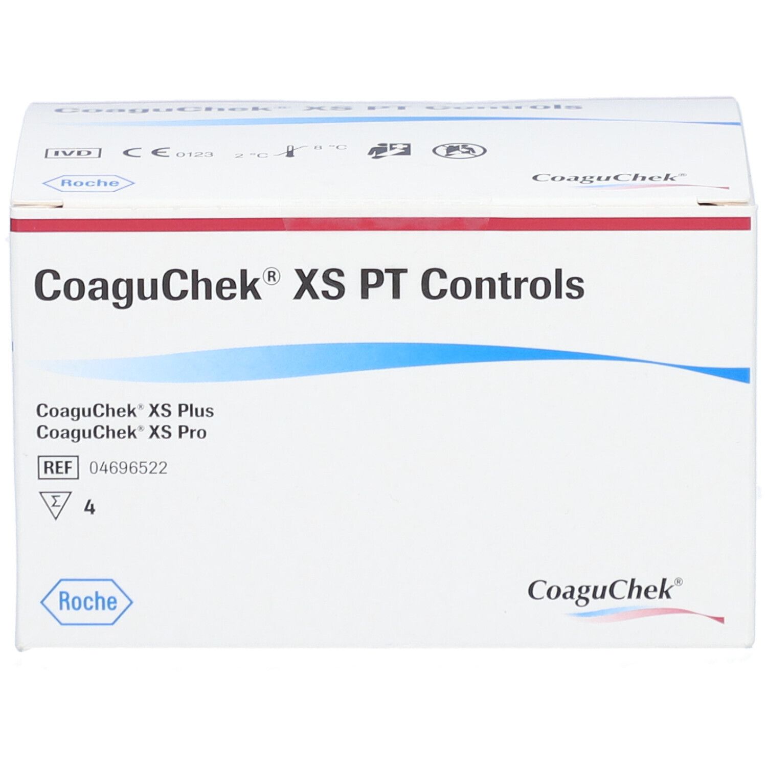 Weißer Karton mit roter und blauer Schrift. Aufschrift: CoaguChek XS PT Controls. Marke: Roche. Enthält CoaguChek XS Plus und Pro.