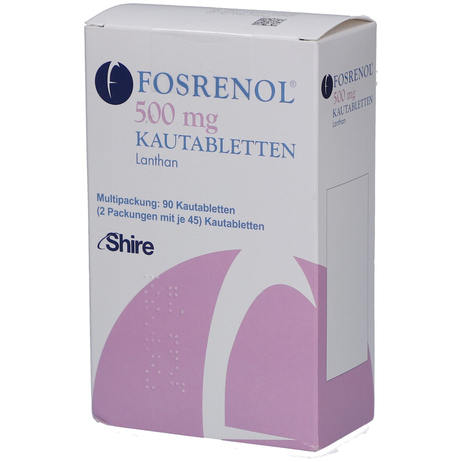 Weiße Faltschachtel mit FOSRENOL 500 mg Kautabletten. Aufschrift: 90 Kautabletten, Shire Logo. Lila Muster.