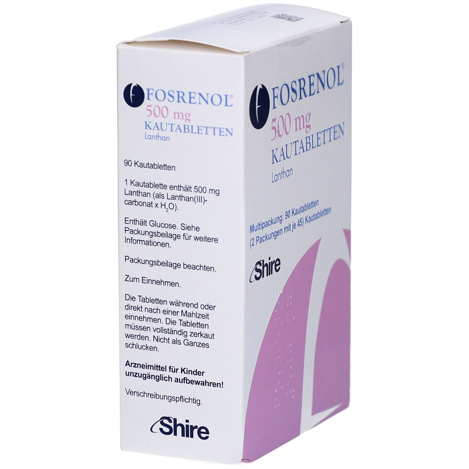 Weiße Faltschachtel mit FOSRENOL 500 mg Kautabletten. Text: 90 Kautabletten, Inhaltsangaben, Shire Logo. Rückseite mit Text.