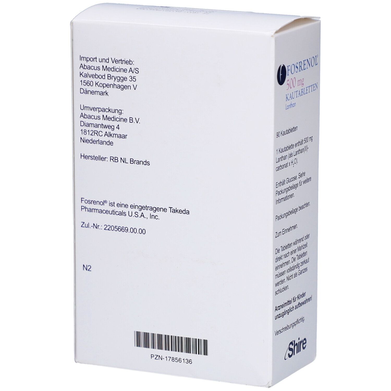 Rückseite der FOSRENOL 500 mg Kautabletten-Verpackung. Text: Import, Hersteller, Zul.-Nr. und Barcode. Weißer Hintergrund.