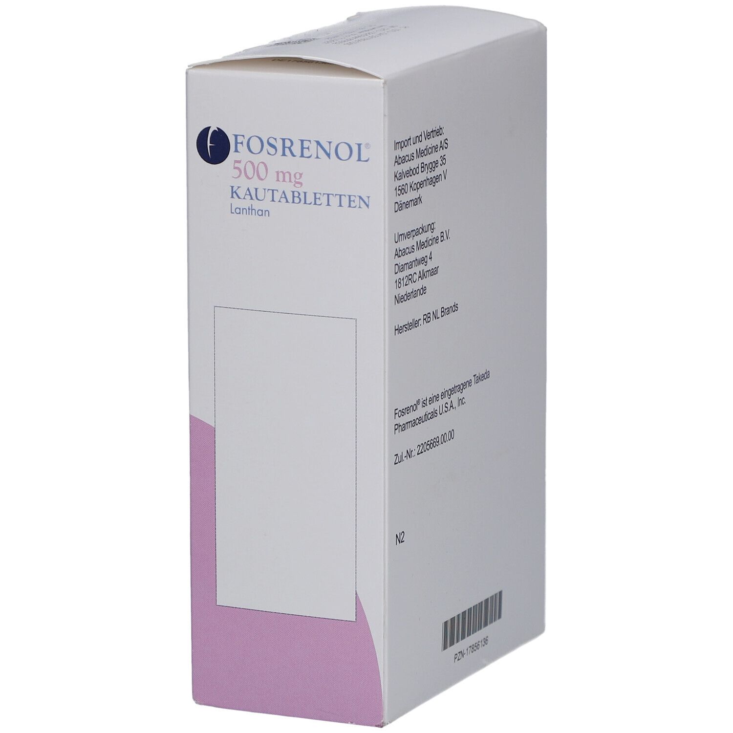 Weiße Faltschachtel mit FOSRENOL 500 mg Kautabletten. Text: Hersteller, Zul.-Nr. und Barcode. Lila Muster.