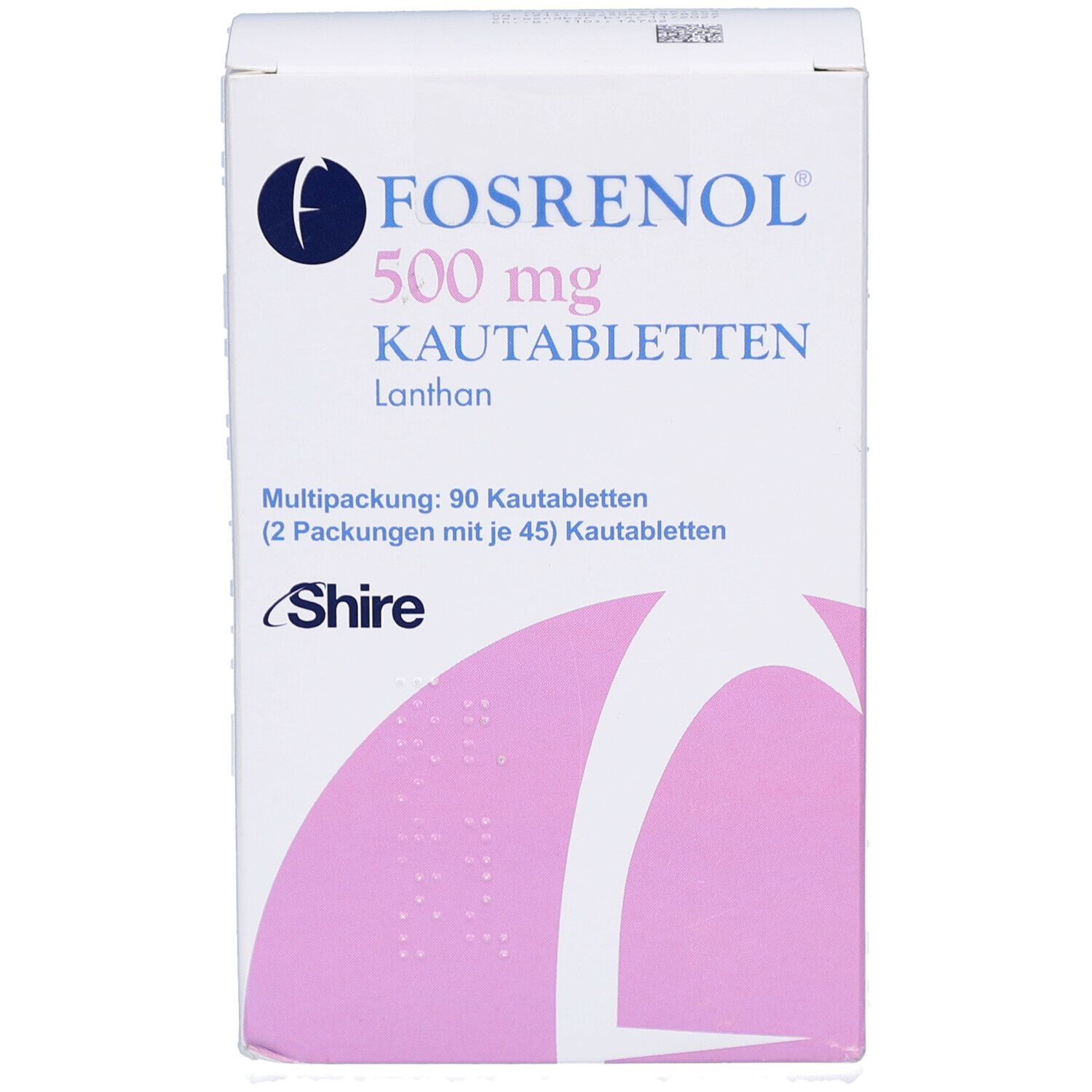 Weiße Faltschachtel mit FOSRENOL 500 mg Kautabletten. Aufschrift: 90 Kautabletten, Shire Logo. Lila Muster.