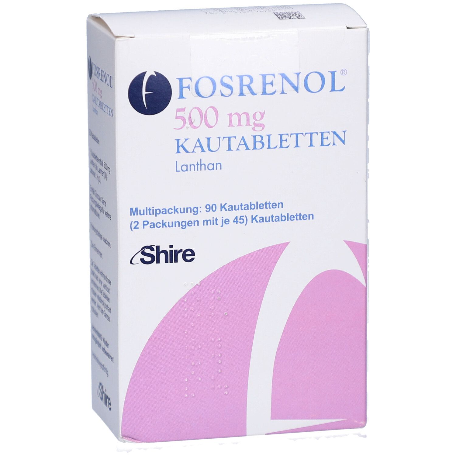 Weiße Faltschachtel mit FOSRENOL 500 mg Kautabletten. Aufschrift: 90 Kautabletten, Shire Logo. Lila Muster.