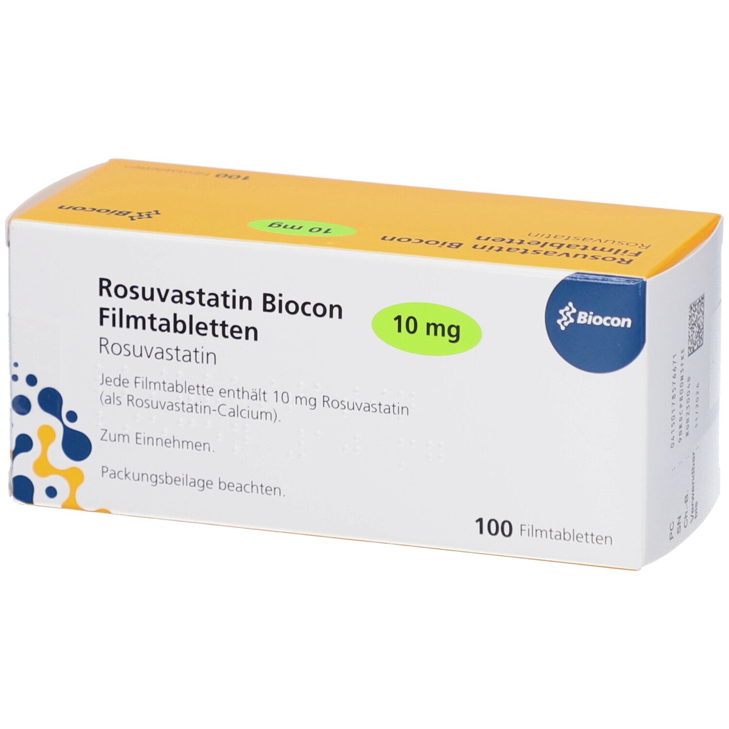 Schachtel mit ROSUVASTATIN Biocon 10 mg Filmtabletten. Grün markiert. 100 Tabletten.