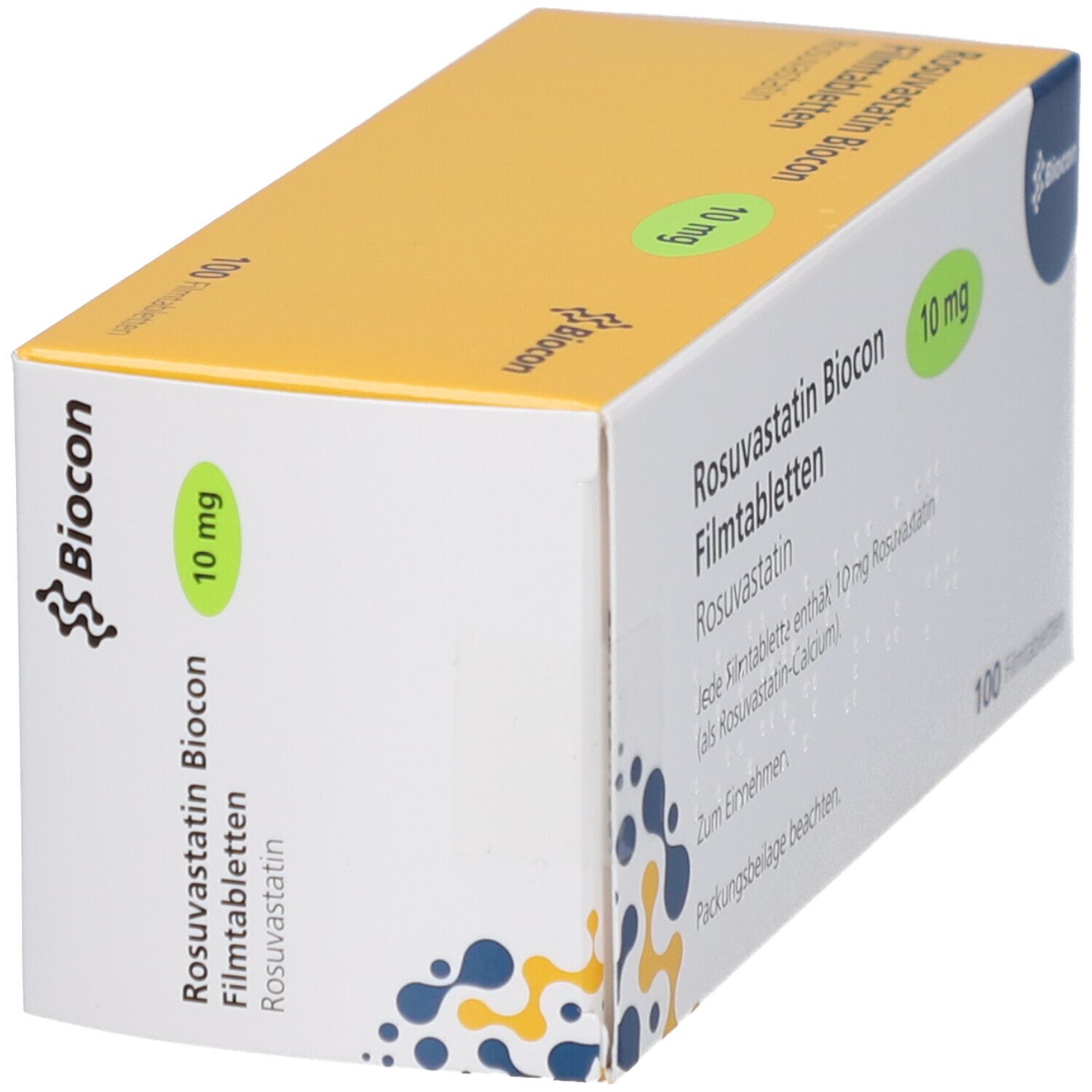 ROSUVASTATIN Biocon 10 mg Filmtabletten-Schachtel. Grün markiert. Biocon-Logo.