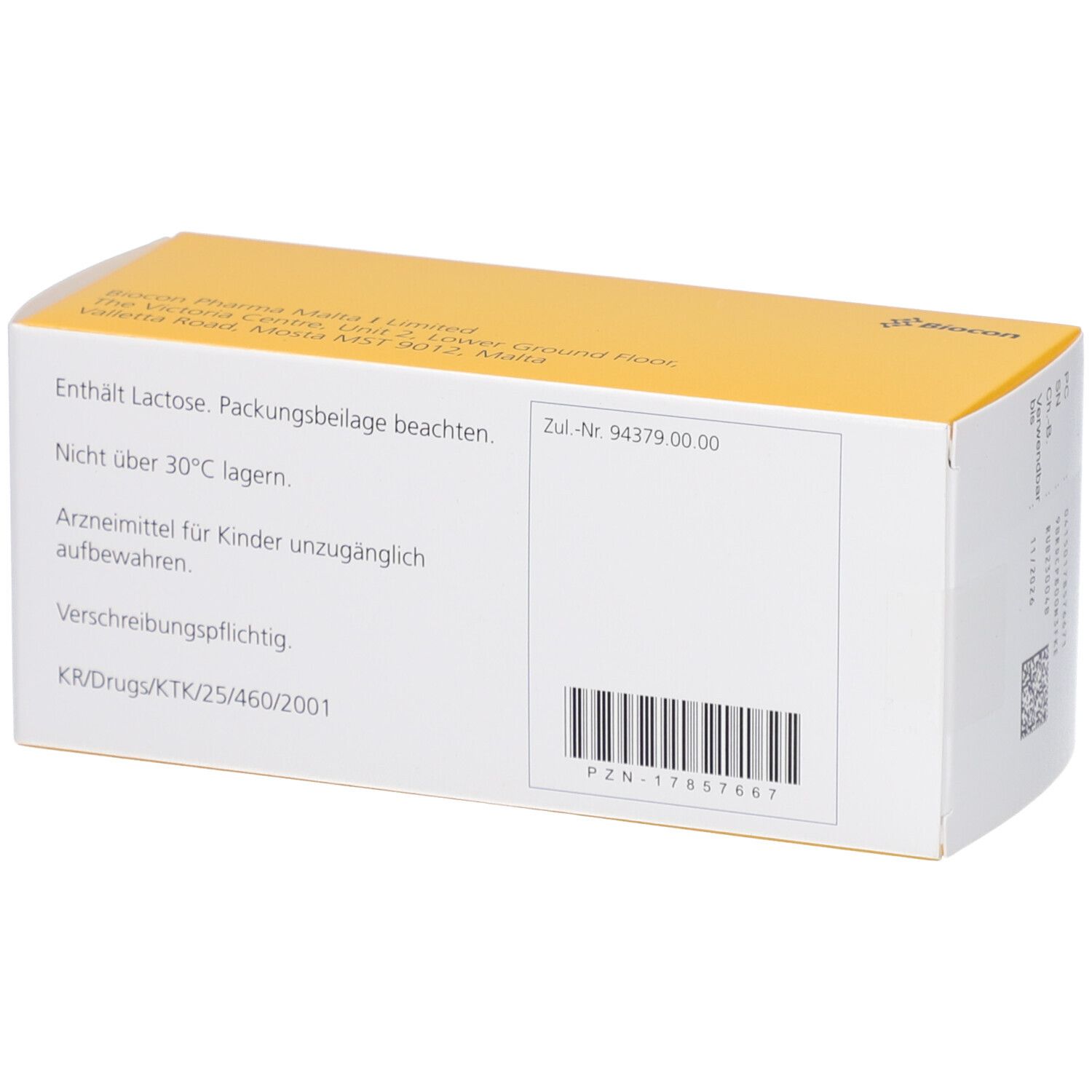 Rückseite der ROSUVASTATIN Biocon-Schachtel. Text mit Inhaltsstoffen, Lagerungshinweisen und Barcode.