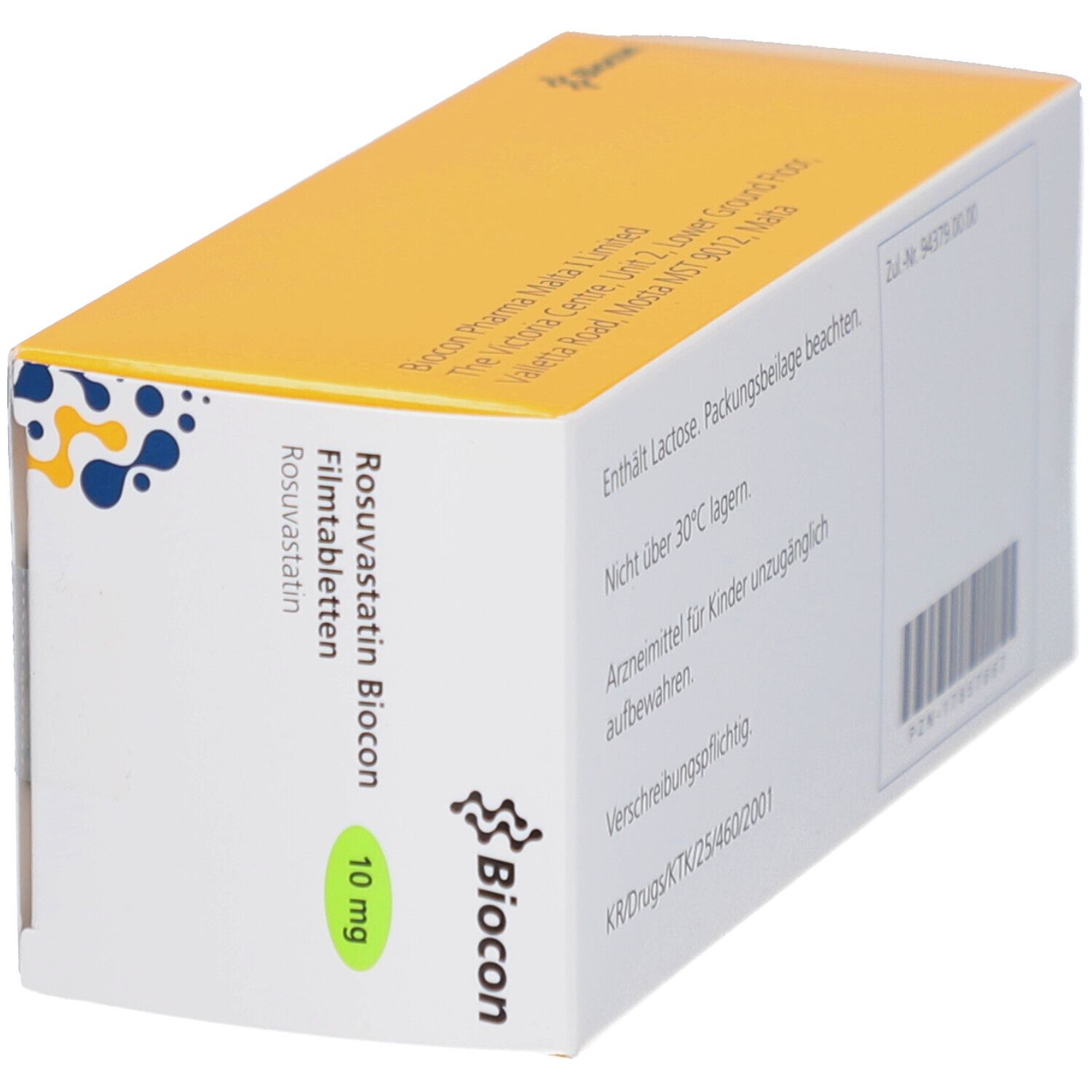 ROSUVASTATIN Biocon 10 mg Filmtabletten-Schachtel. Grün markiert. Biocon-Logo.