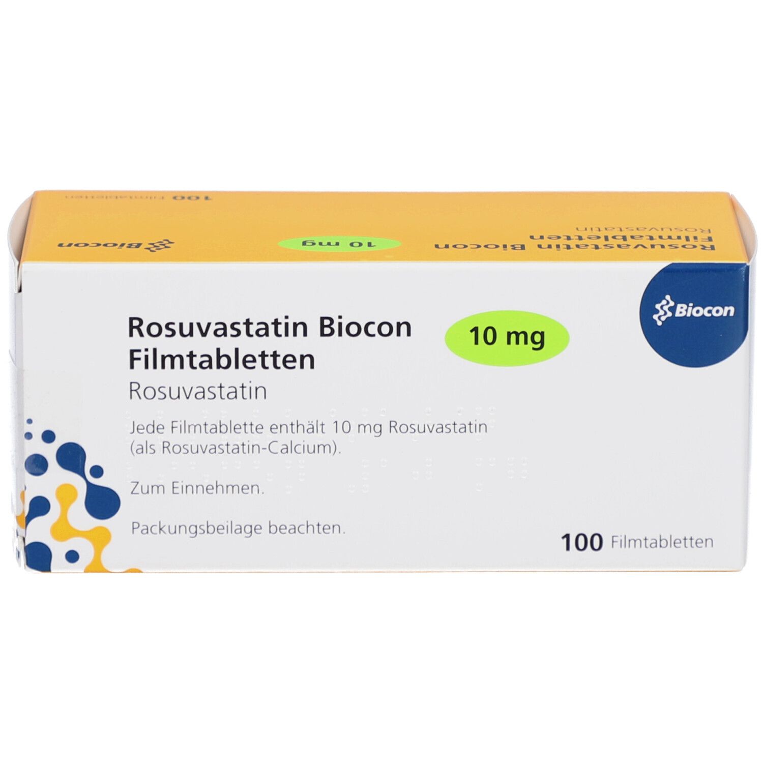 ROSUVASTATIN Biocon 10 mg Filmtabletten-Schachtel. Grün markiert. 100 Tabletten.