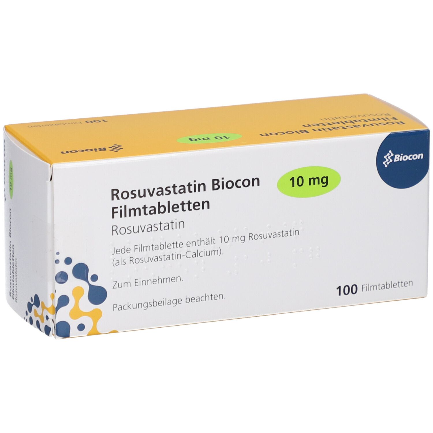 ROSUVASTATIN Biocon 10 mg Filmtabletten-Schachtel. Grün markiert. 100 Tabletten.