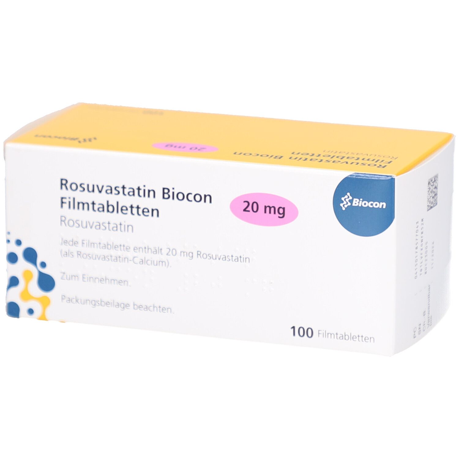 Schachtel mit ROSUVASTATIN Biocon 20 mg Filmtabletten. Aufschrift: 100 Filmtabletten. Rosa 20 mg Feld.