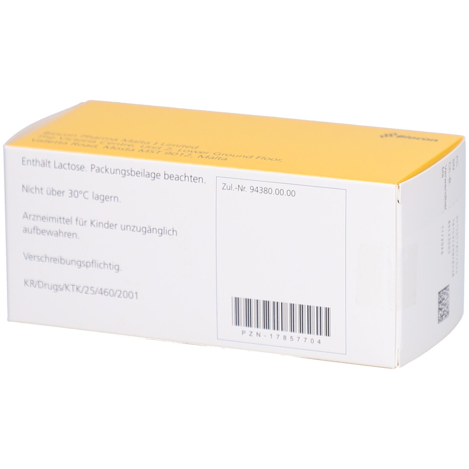 Rückseite der Schachtel ROSUVASTATIN Biocon. Enthält Informationen und Barcode. Gelber Deckel.