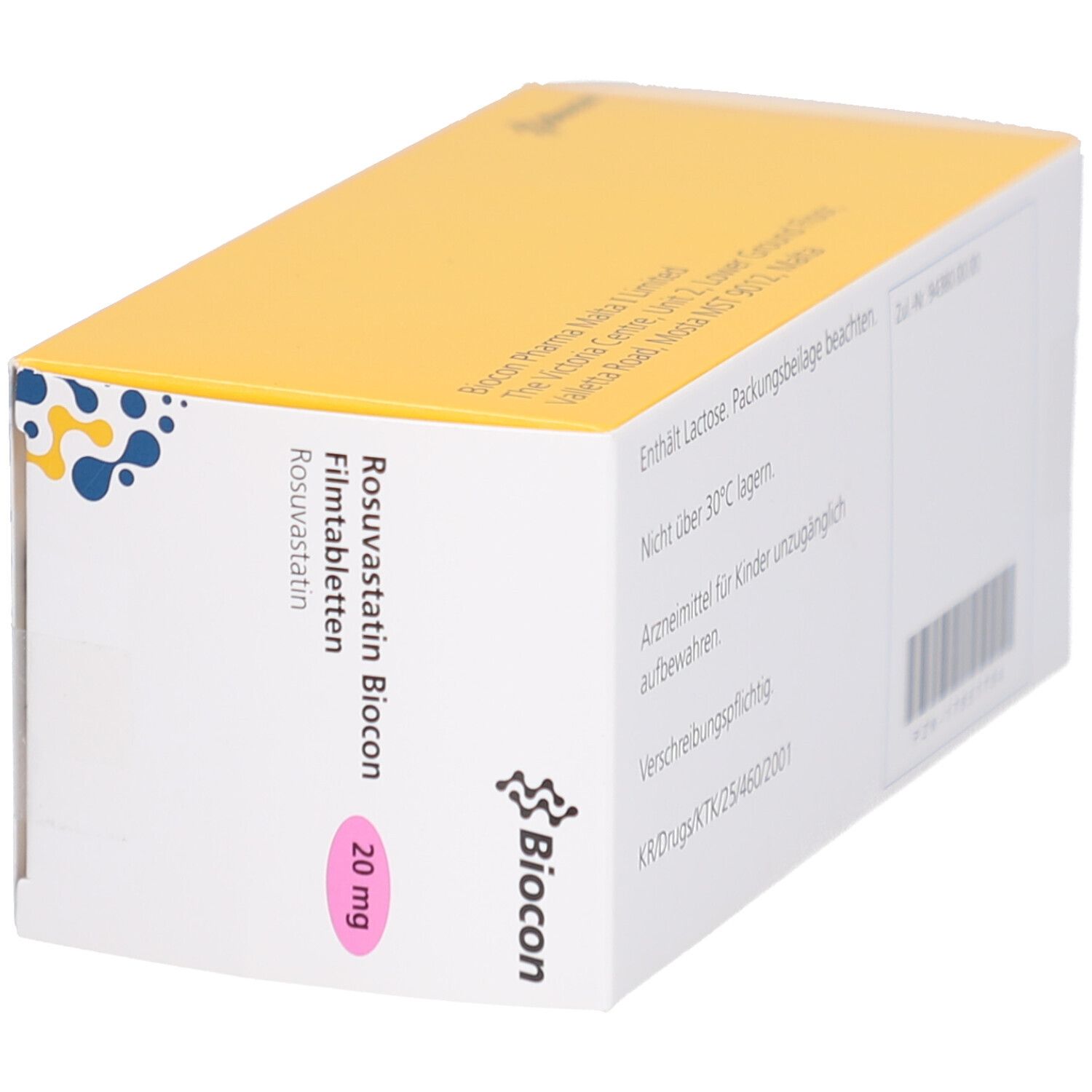 Schachtel ROSUVASTATIN Biocon 20 mg Filmtabletten. Rosa Feld mit 20 mg. Logo Biocon. Gelber Deckel.