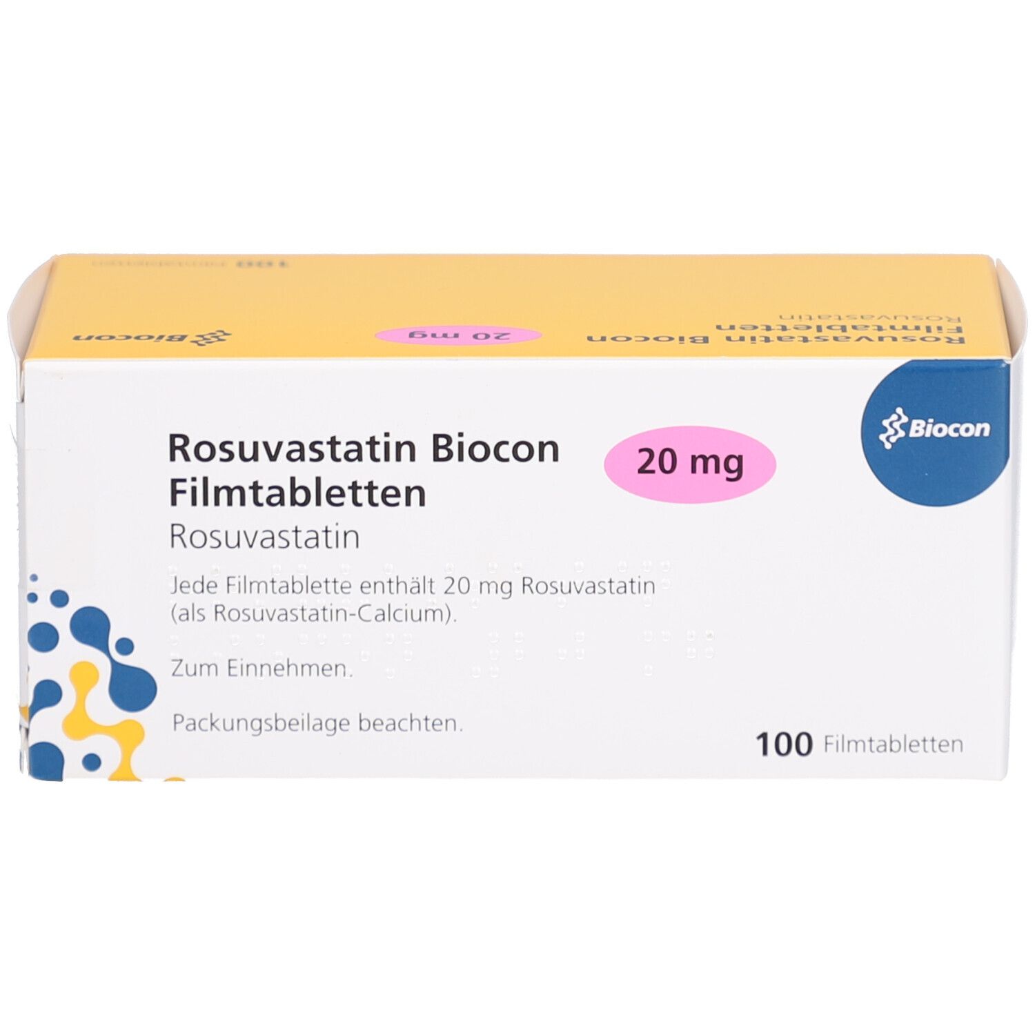 Schachtel ROSUVASTATIN Biocon 20 mg Filmtabletten. Aufschrift: 100 Filmtabletten. Rosa 20 mg Feld.