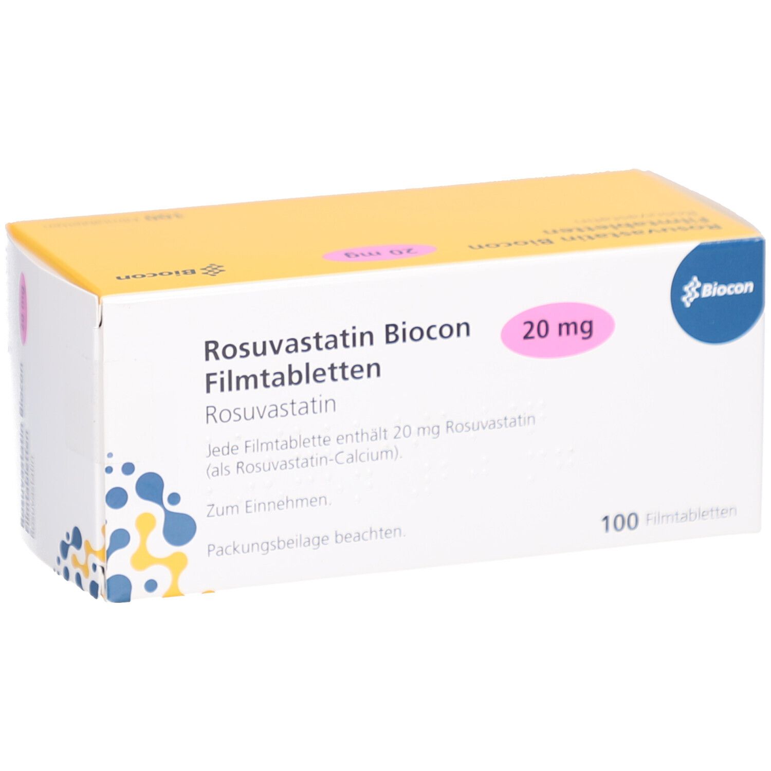 Schachtel ROSUVASTATIN Biocon 20 mg Filmtabletten. Aufschrift: 100 Filmtabletten. Rosa 20 mg Feld.
