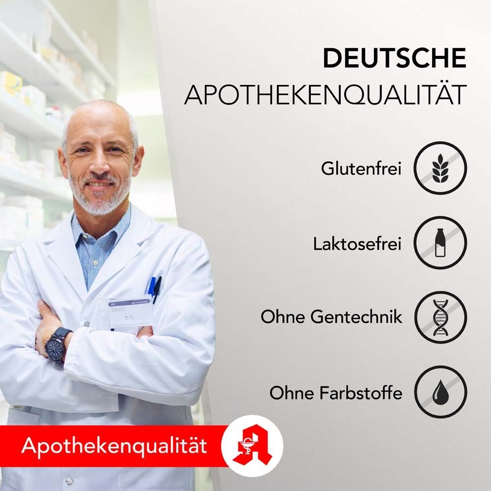 Arzt mit weißem Kittel. Text: Deutsche Apothekenqualität. Glutenfrei, laktosefrei, ohne Gentechnik, ohne Farbstoffe. Apothekenqualität.