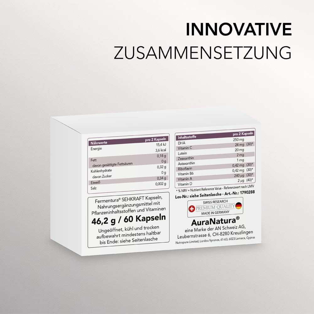 Weiße Schachtel mit Produktinformationen. Text: Innovative Zusammensetzung. Nährwertangaben. Inhaltsstoffe pro 2 Kapseln. Premium Quality.