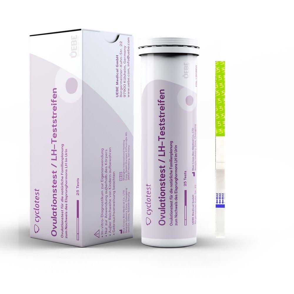 Ovulationsteststreifen im Röhrchen und Kartonverpackung.