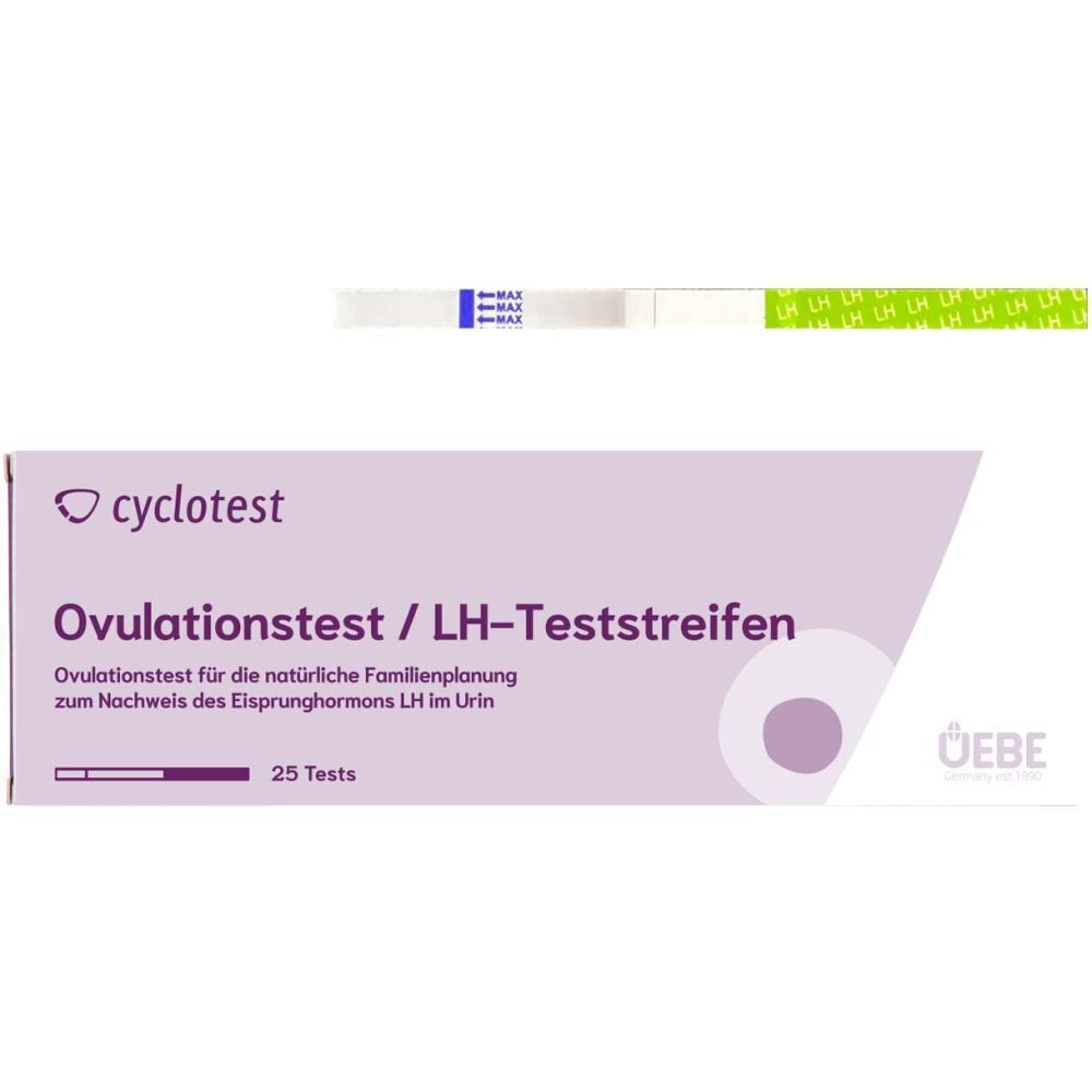 Verpackung von Ovulationsteststreifen mit Beschriftung '25 Tests'.