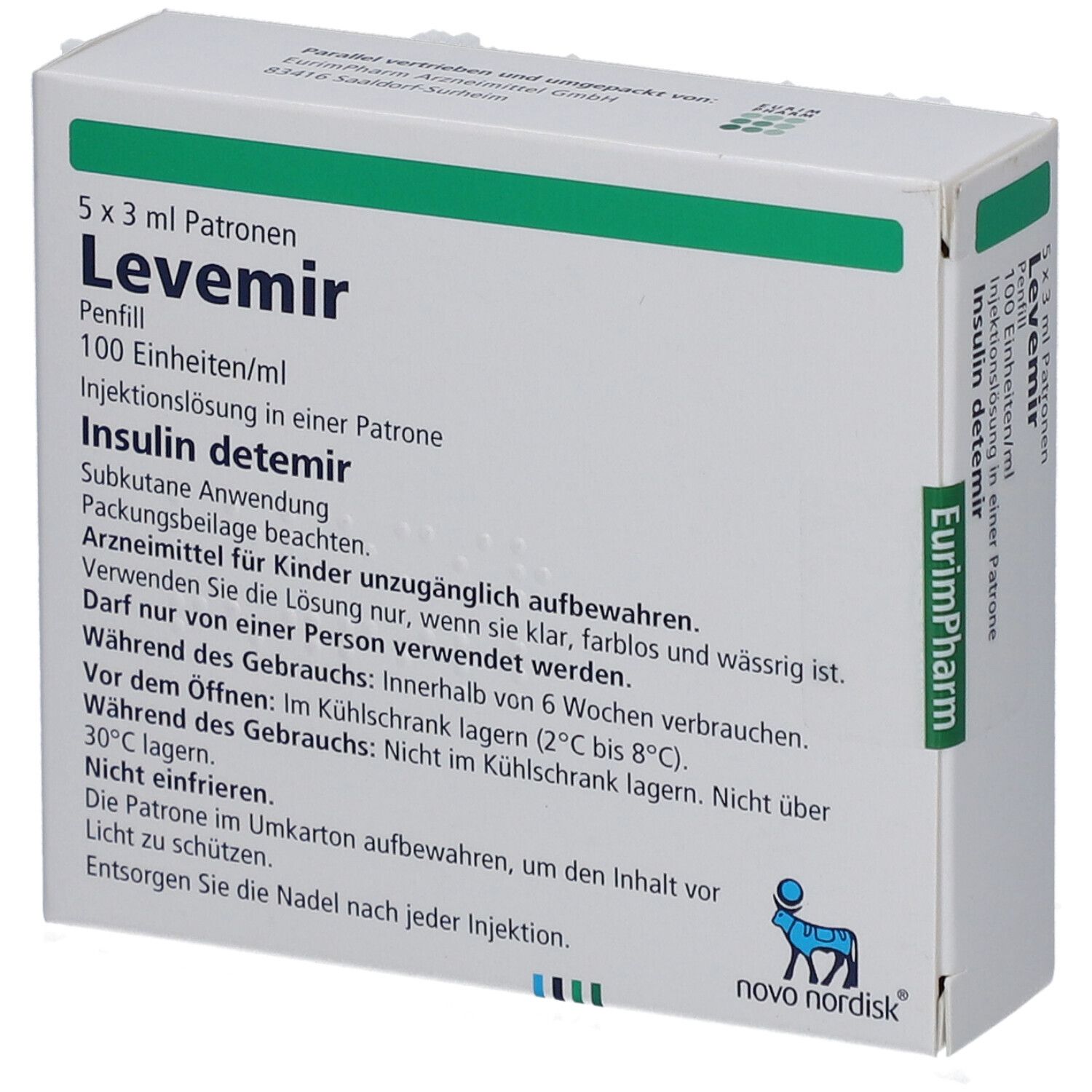 Weiße Schachtel mit LEVEMIR Penfill. Text: 5 x 3 ml Patronen, 100 Einheiten/ml, Insulin detemir. Novo Nordisk Logo.