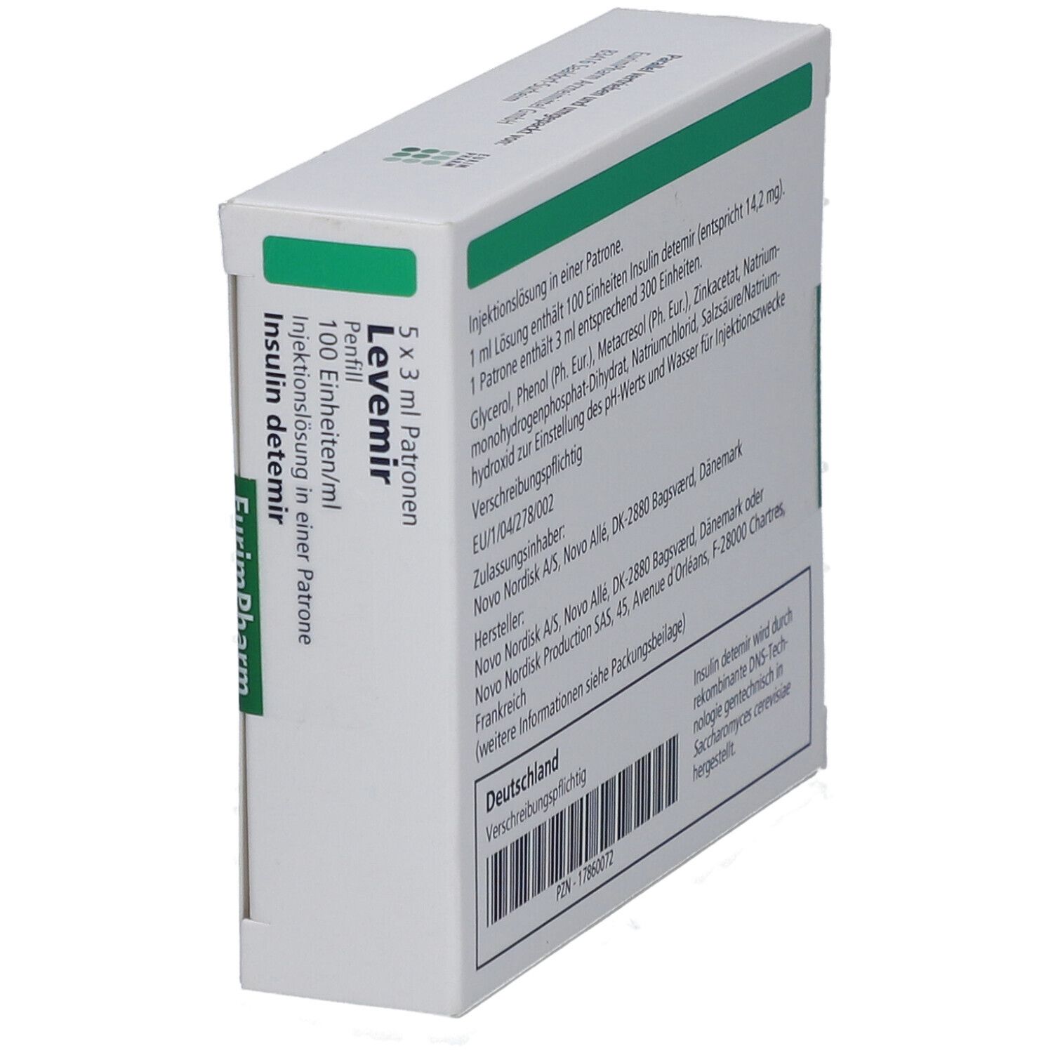 Schachtel LEVEMIR Penfill, weiß. Text: 5 x 3 ml Patronen, 100 Einheiten/ml, Insulin detemir. EurimPharm Logo.