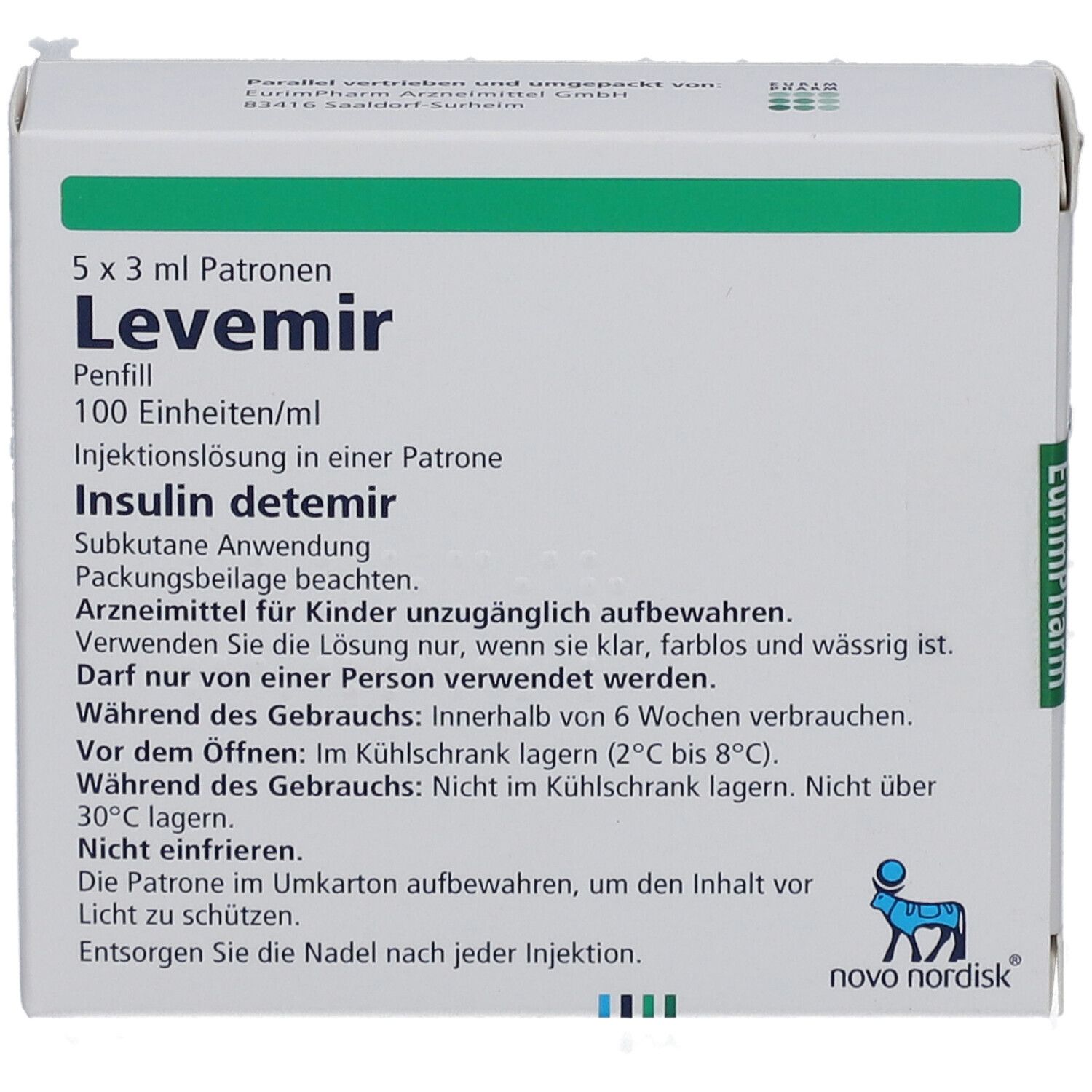Weiße Schachtel LEVEMIR Penfill. Text: 5 x 3 ml Patronen, 100 Einheiten/ml, Insulin detemir. Novo Nordisk Logo.