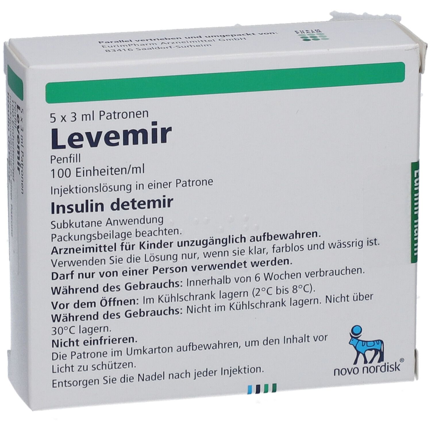 Weiße Schachtel LEVEMIR Penfill. Text: 5 x 3 ml Patronen, 100 Einheiten/ml, Insulin detemir. Novo Nordisk Logo.