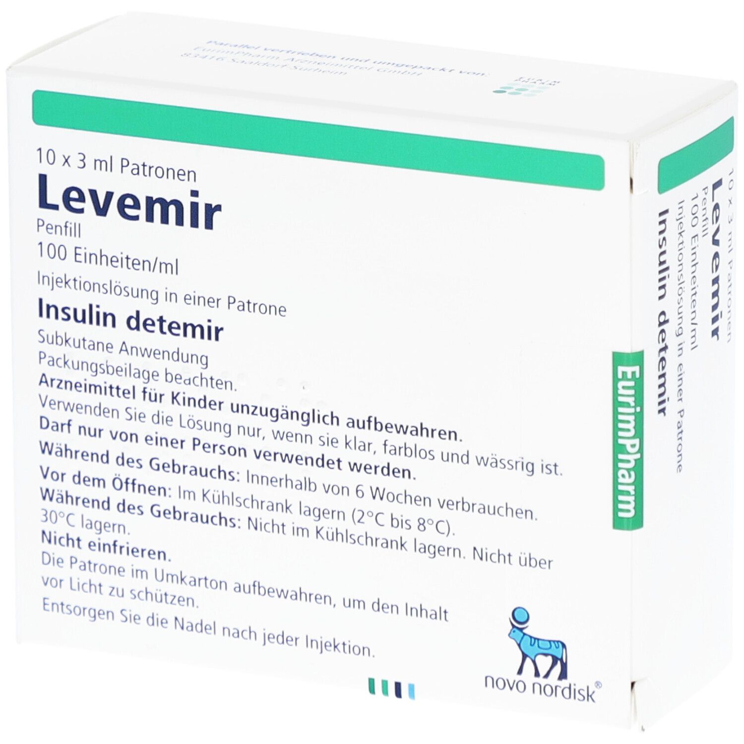 Verpackung von Levemir Penfill. Enthält 10 x 3 ml Patronen. Aufschrift: Insulin detemir. Novo Nordisk Logo.