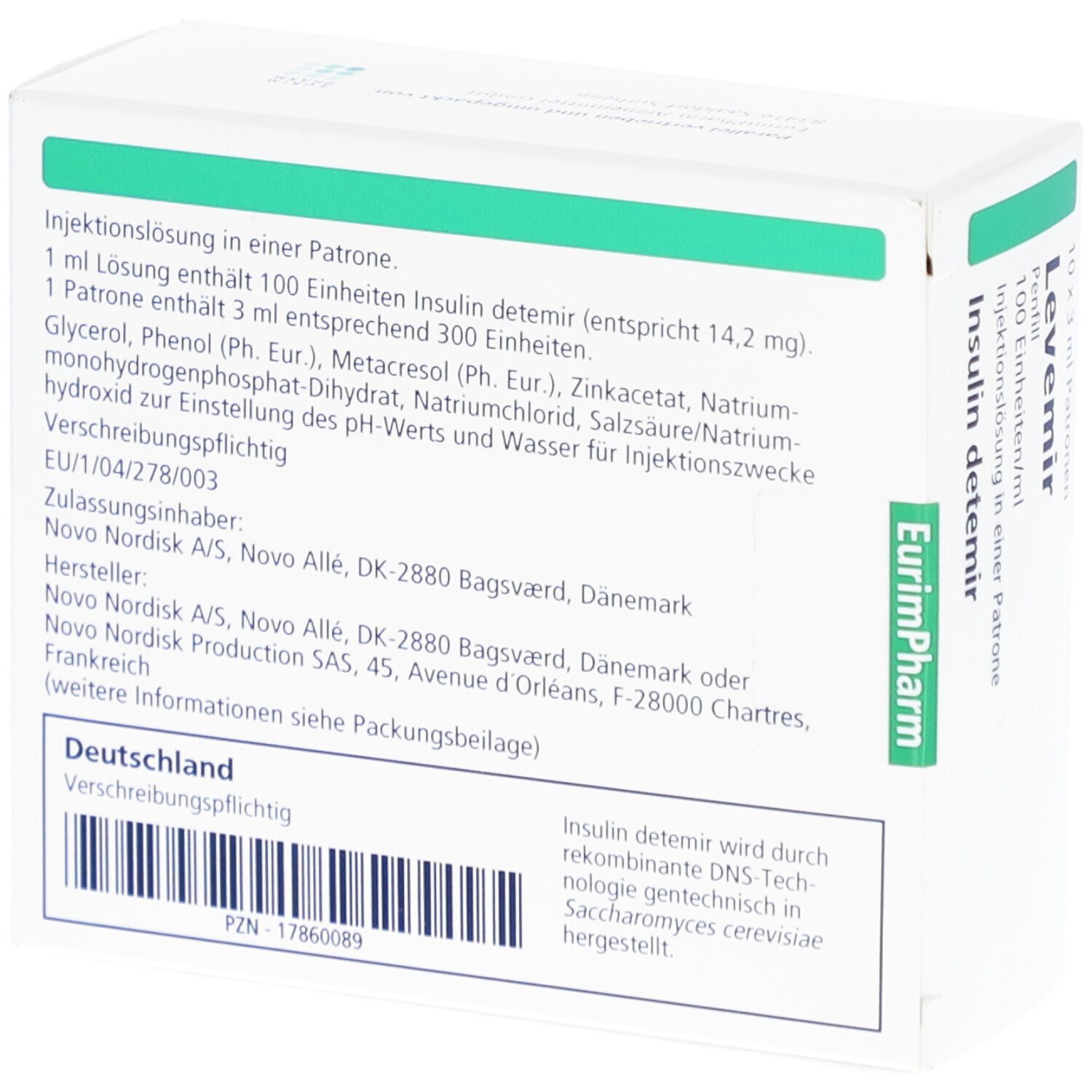 Rückseite der Levemir Penfill Verpackung. Enthält Informationen zu Inhaltsstoffen und Hersteller. Text in Deutsch.