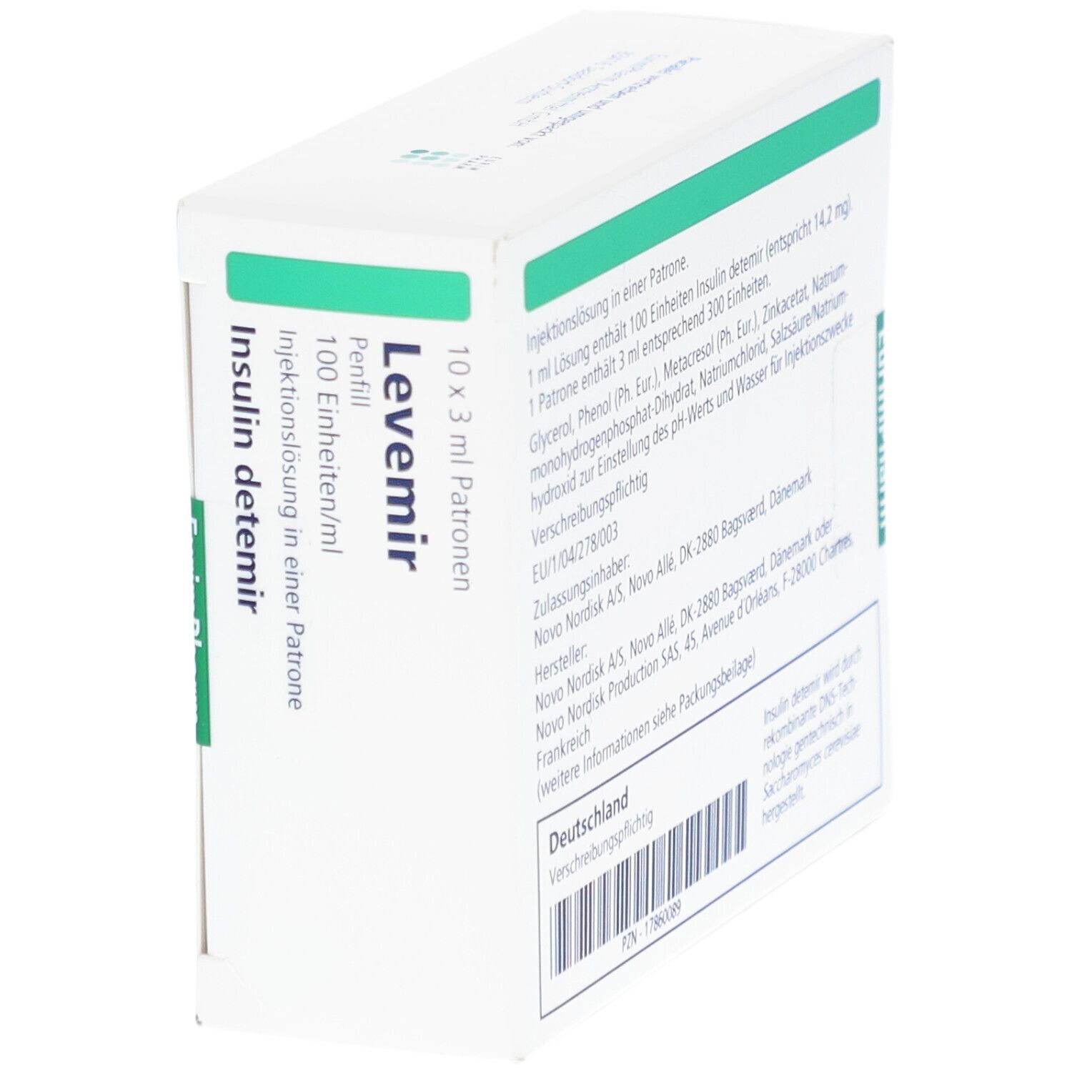 Schrägansicht der Levemir Penfill Verpackung. Aufschrift: Insulin detemir. Novo Nordisk Logo. Grüne Akzente.