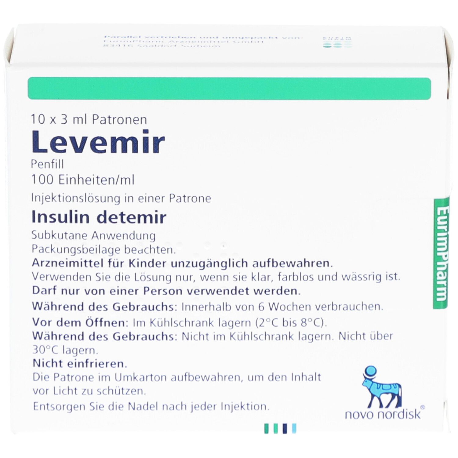 Verpackung von Levemir Penfill. Enthält 10 x 3 ml Patronen. Aufschrift: Insulin detemir. Novo Nordisk Logo.