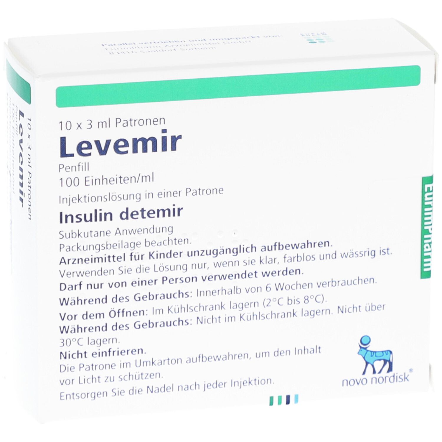 Verpackung von Levemir Penfill. Enthält 10 x 3 ml Patronen. Aufschrift: Insulin detemir. Novo Nordisk Logo.