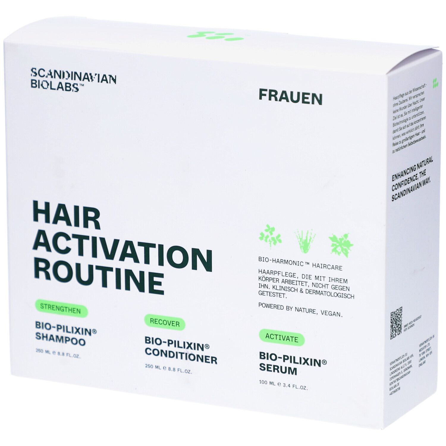 Produktverpackung. Weißer Karton mit Produktnamen und Logo. Enthält Shampoo, Conditioner und Serum. Text: Hair Activation Routine.
