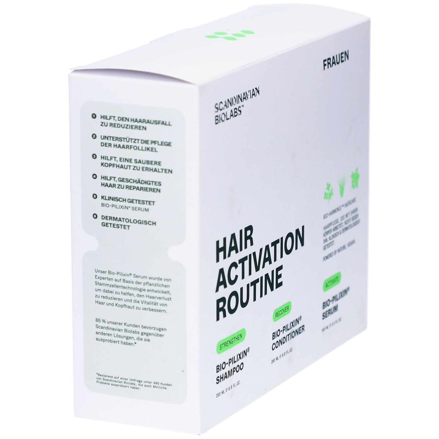 Produktverpackung. Weißer Karton mit Produktnamen und Logo. Enthält Shampoo, Conditioner und Serum. Text: Hair Activation Routine.