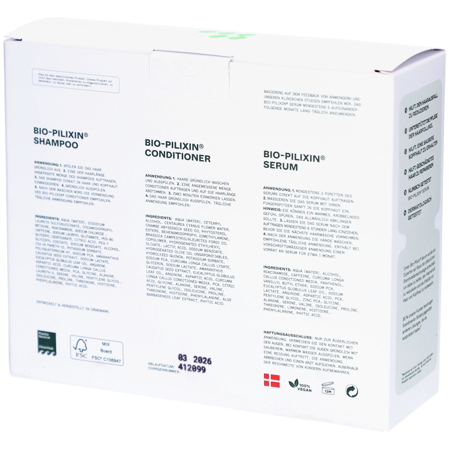 Produktverpackung. Weißer Karton mit Produktnamen und Logo. Enthält Shampoo, Conditioner und Serum. Text: Hair Activation Routine.