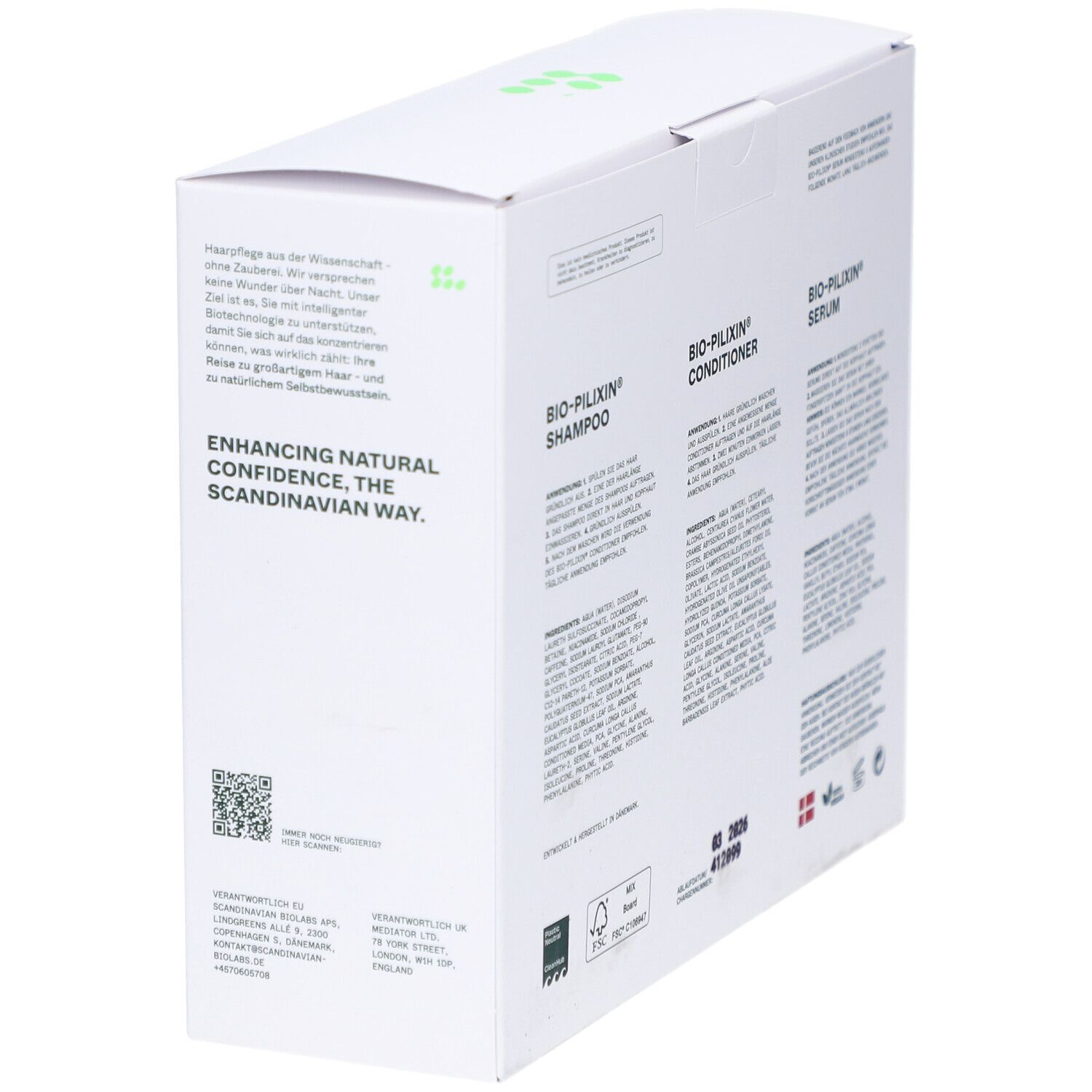 Produktverpackung. Weißer Karton mit Produktnamen und Logo. Enthält Shampoo, Conditioner und Serum. Text: Hair Activation Routine.